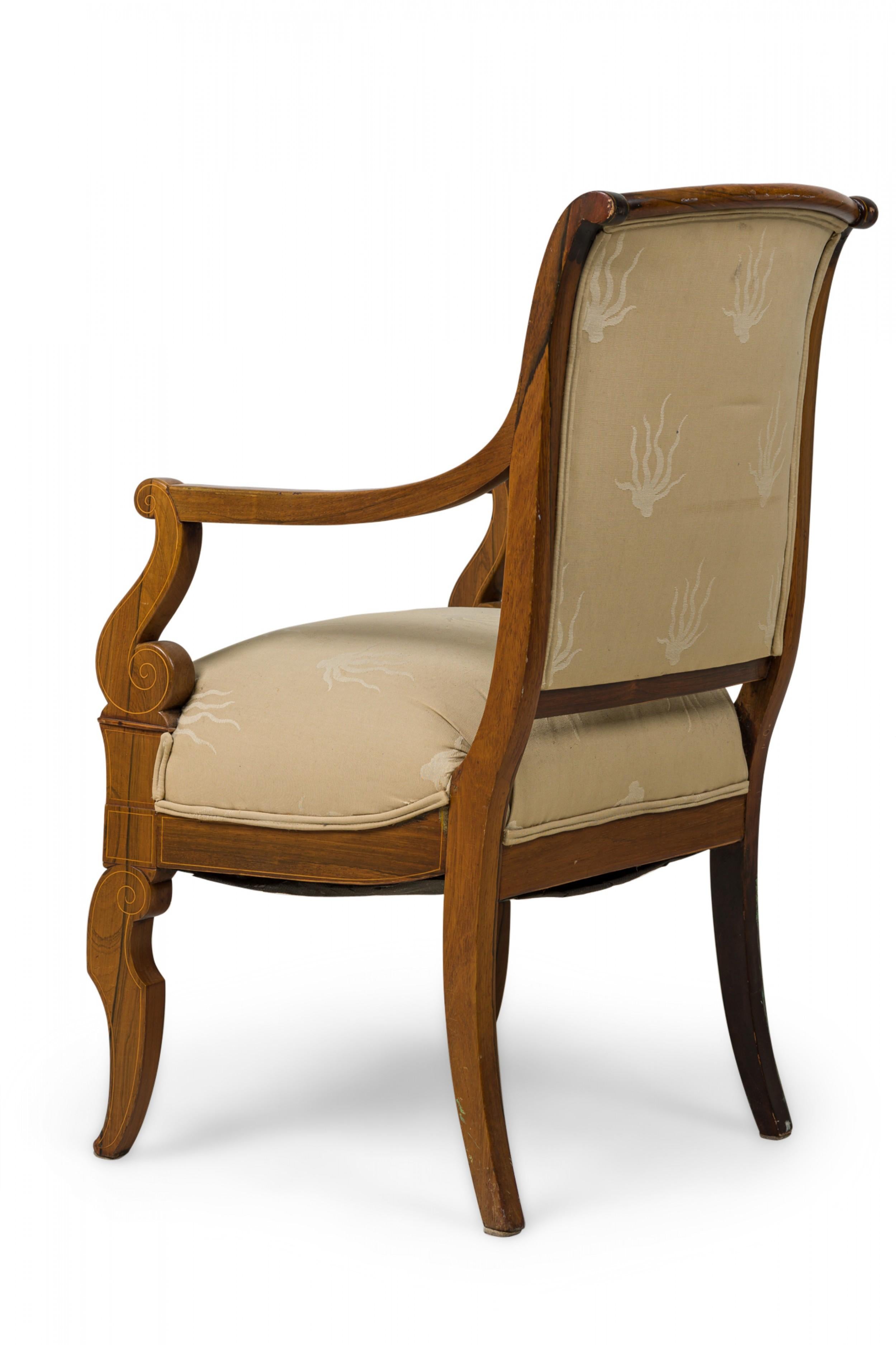 French Charles X Inlaid Mahogany and Walnut Open Armchair in Beige Upholstery In Good Condition For Sale In New York, NY