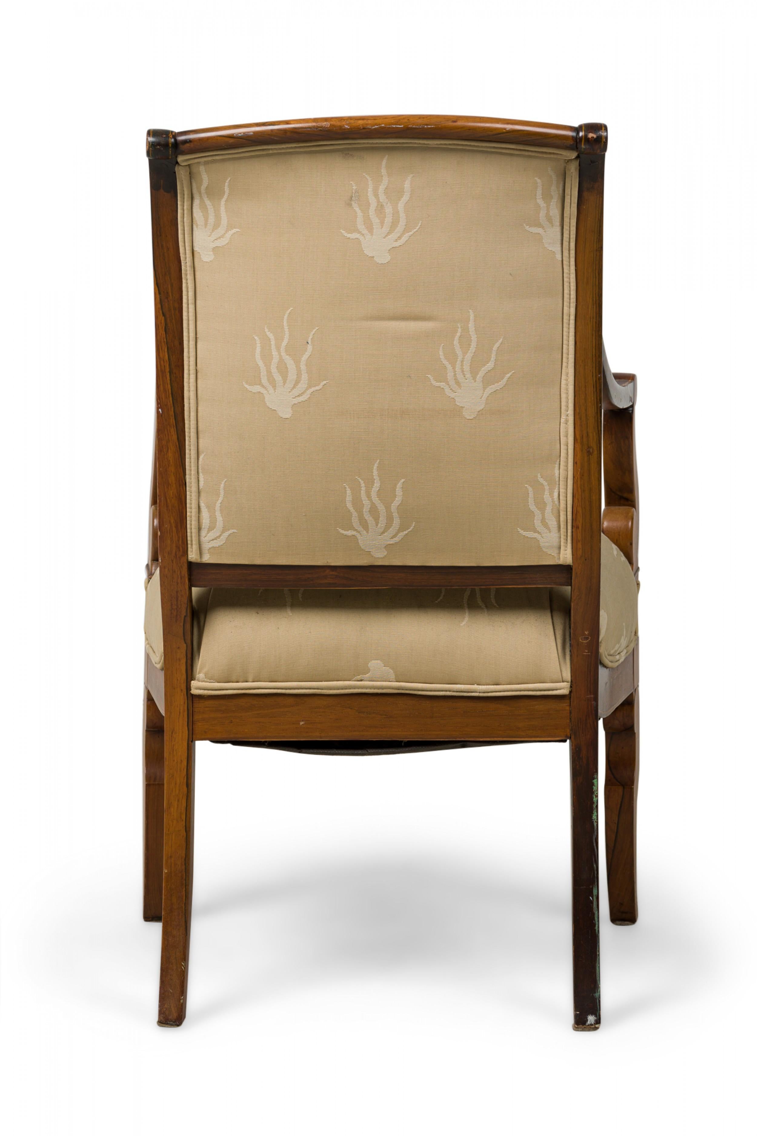 19th Century French Charles X Inlaid Mahogany and Walnut Open Armchair in Beige Upholstery For Sale