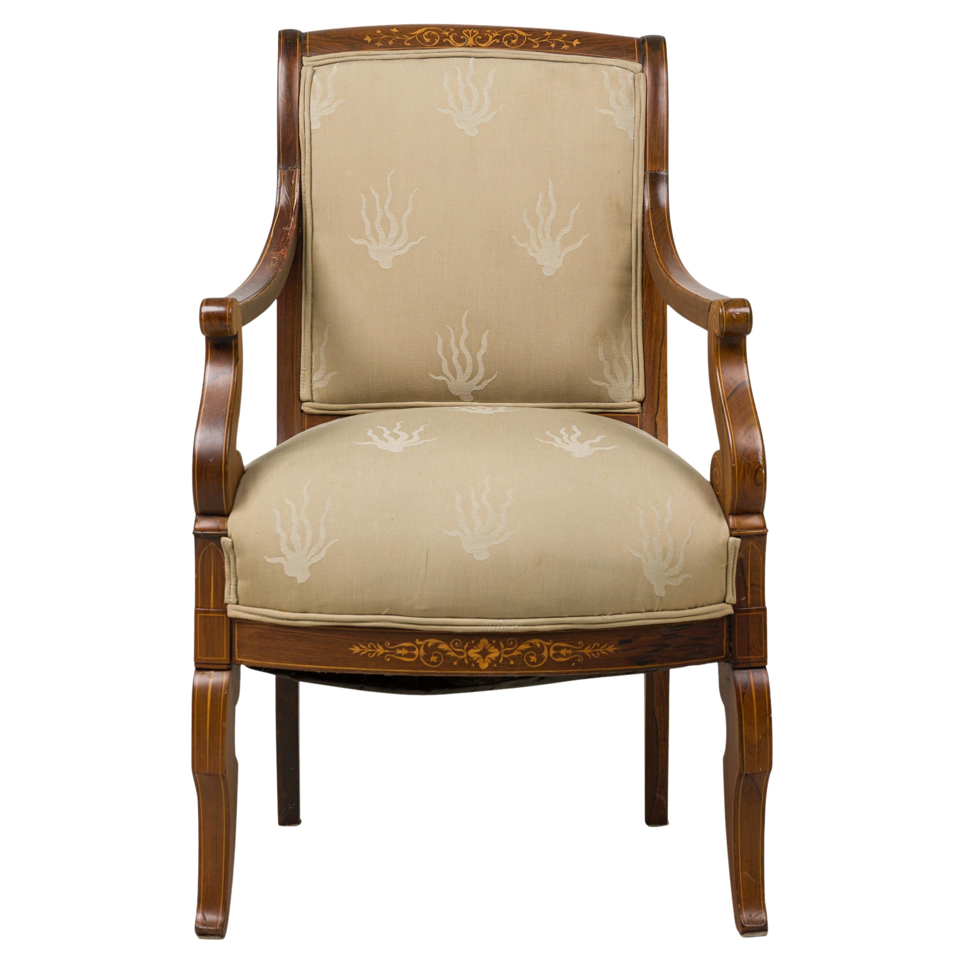 French Charles X Inlaid Mahogany and Walnut Open Armchair in Beige Upholstery For Sale