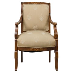 French Charles X Inlaid Mahogany and Walnut Open Armchair in Beige Upholstery