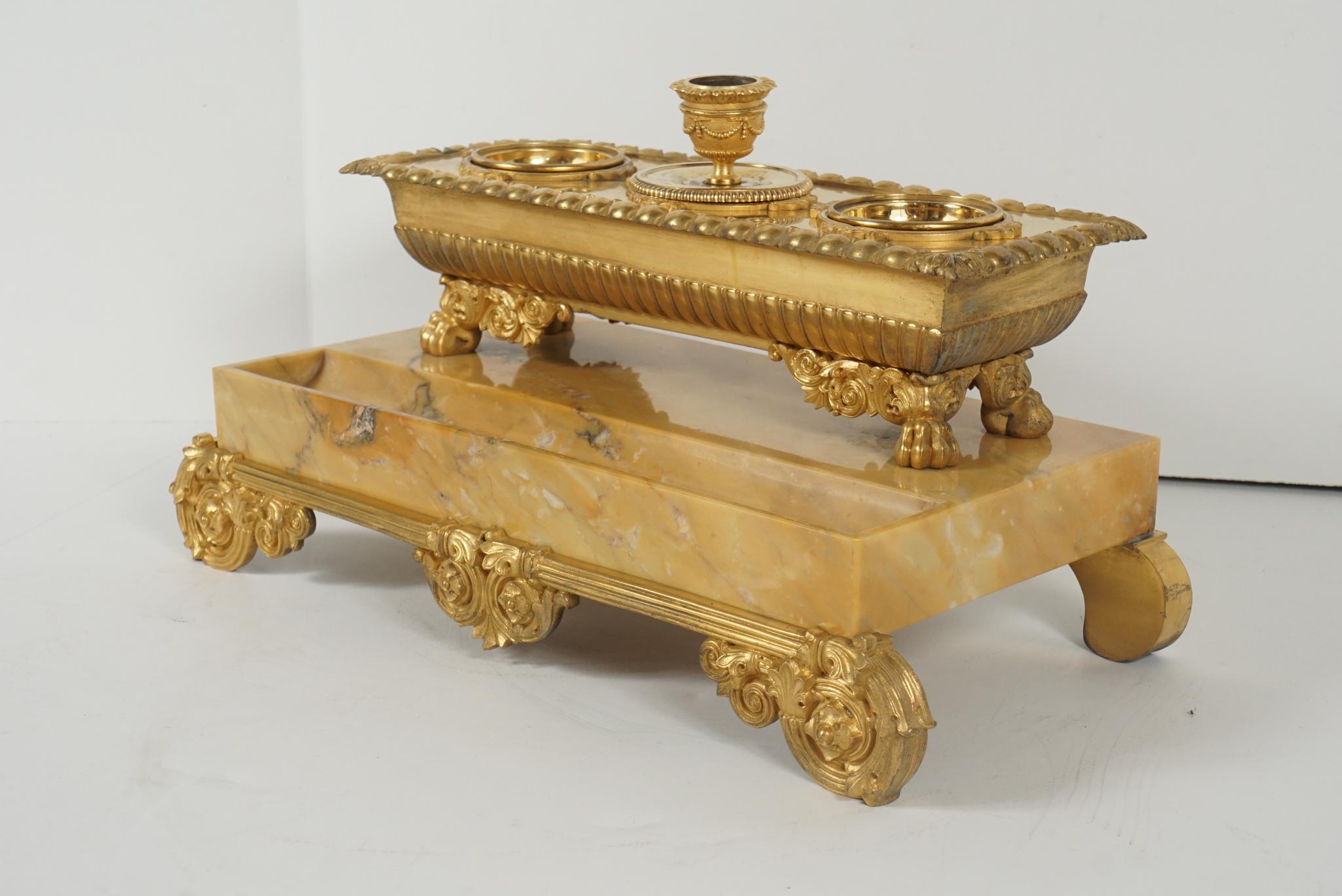 Carved French Charles X Large Marble and Gilded Bronze Ink Well and Candle Stand For Sale