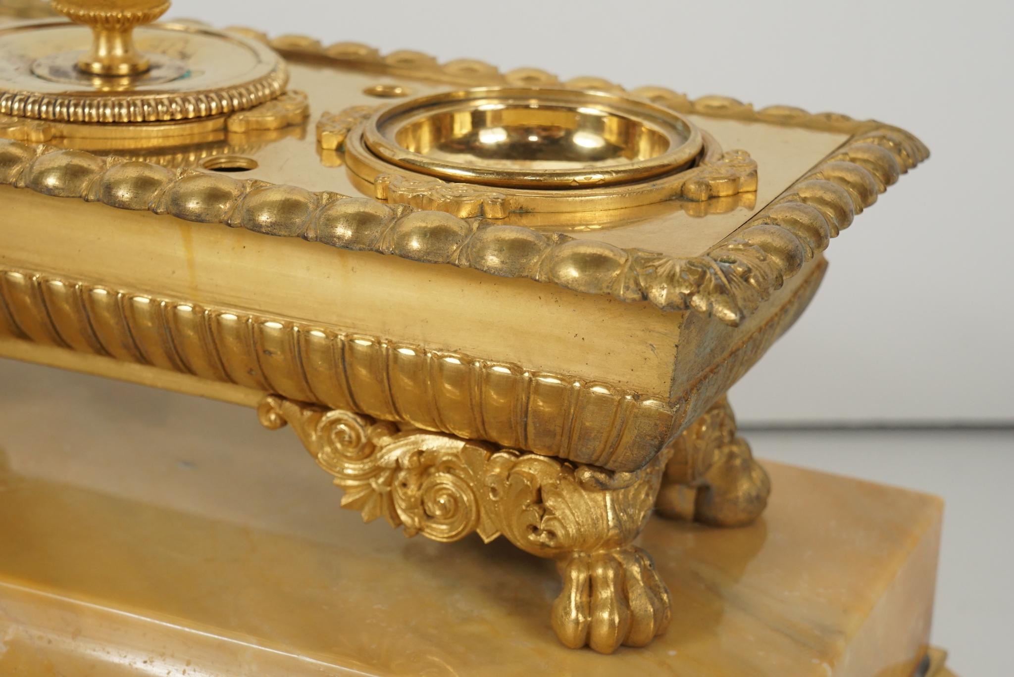 French Charles X Large Marble and Gilded Bronze Ink Well and Candle Stand In Good Condition For Sale In Hudson, NY