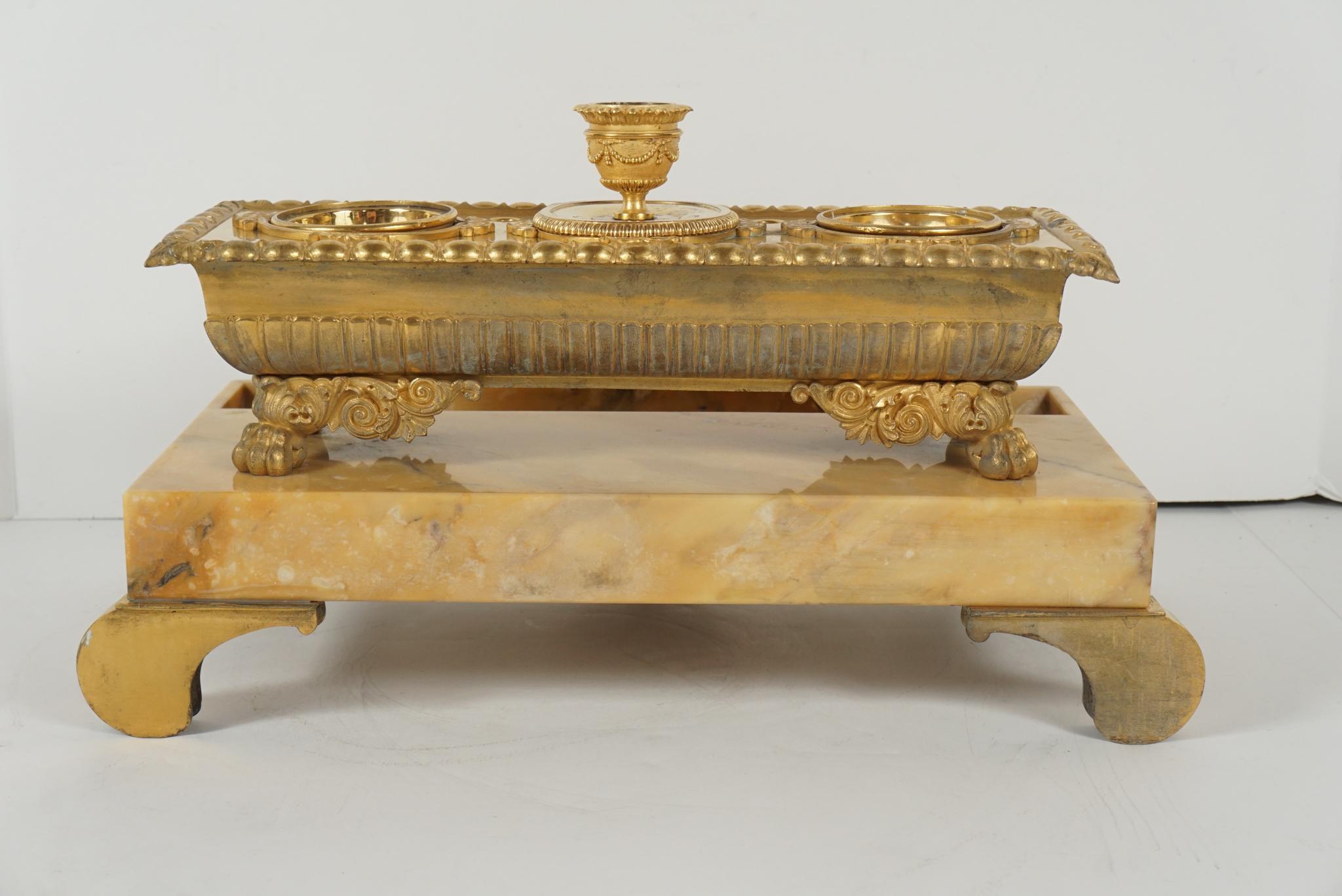 French Charles X Large Marble and Gilded Bronze Ink Well and Candle Stand For Sale 2