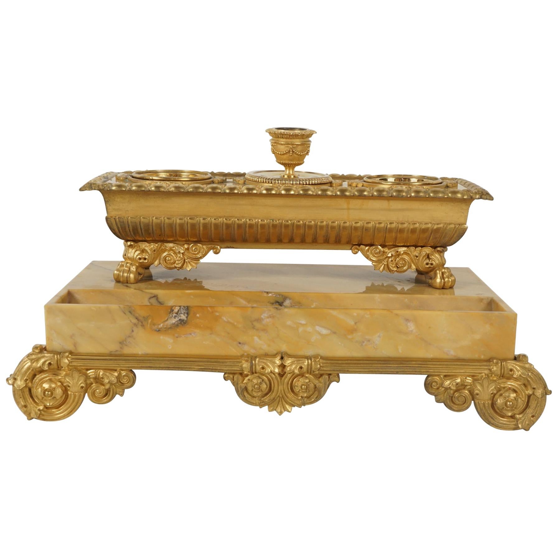 French Charles X Large Marble and Gilded Bronze Ink Well and Candle Stand