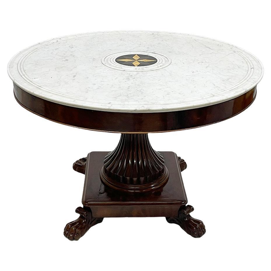 French Charles X mahogany table with white marble top, ca 1840 For Sale