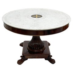 Antique French Charles X mahogany table with white marble top, ca 1840