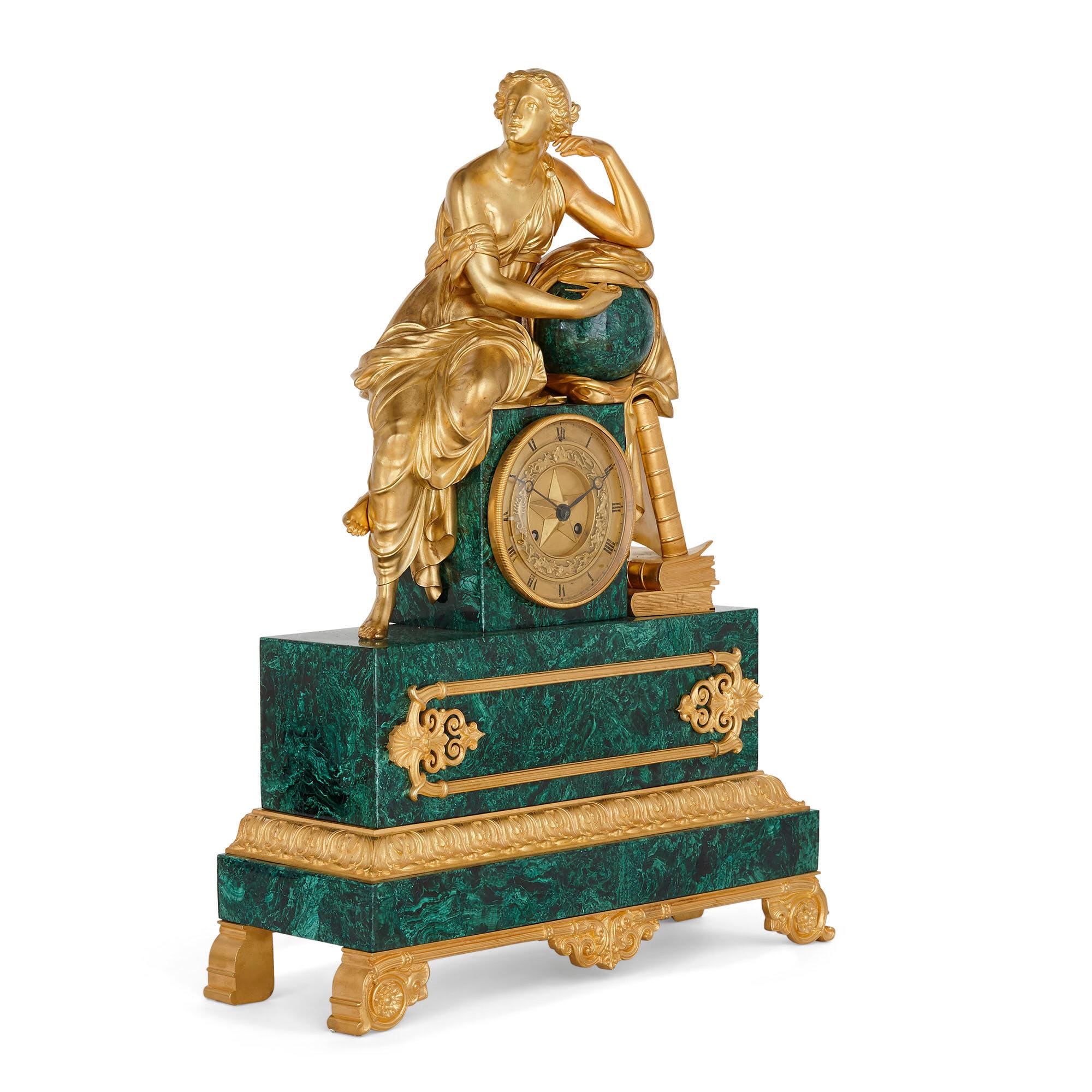 French Charles X malachite and gilt bronze figurative clock
French, circa 1830
Measures: Height 62cm, width 45cm, depth 16cm

This fine mantel clock is a superb example of the Charles X style. The clock, wrought from malachite and gilt bronze,