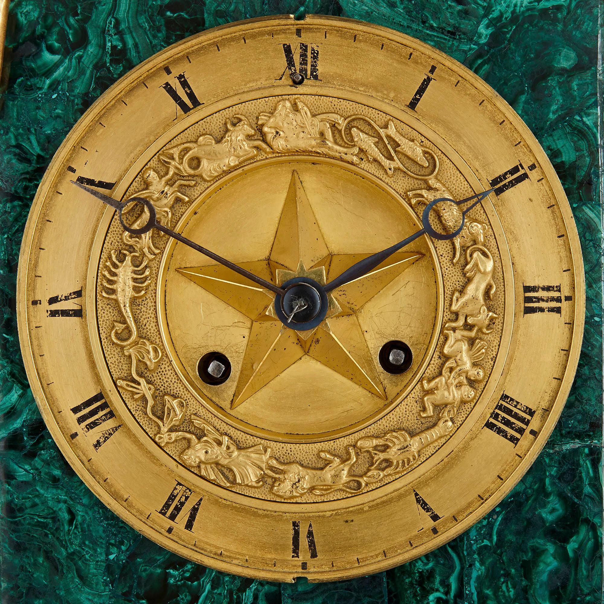 French Charles X Malachite and Gilt Bronze Figurative Clock In Good Condition For Sale In London, GB