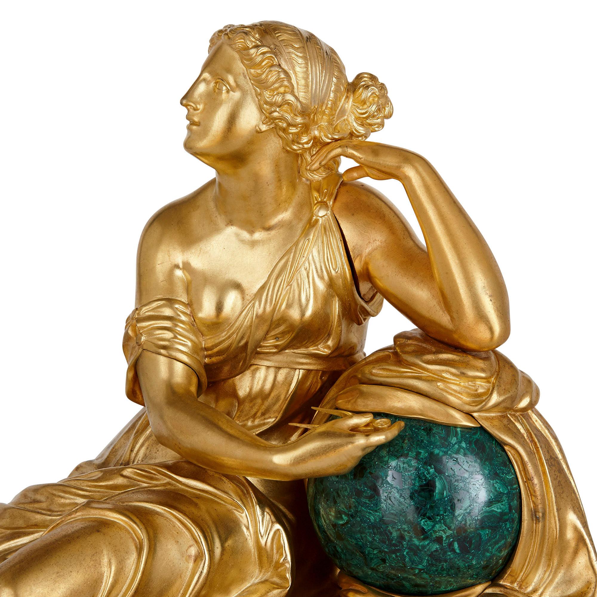 19th Century French Charles X Malachite and Gilt Bronze Figurative Clock For Sale