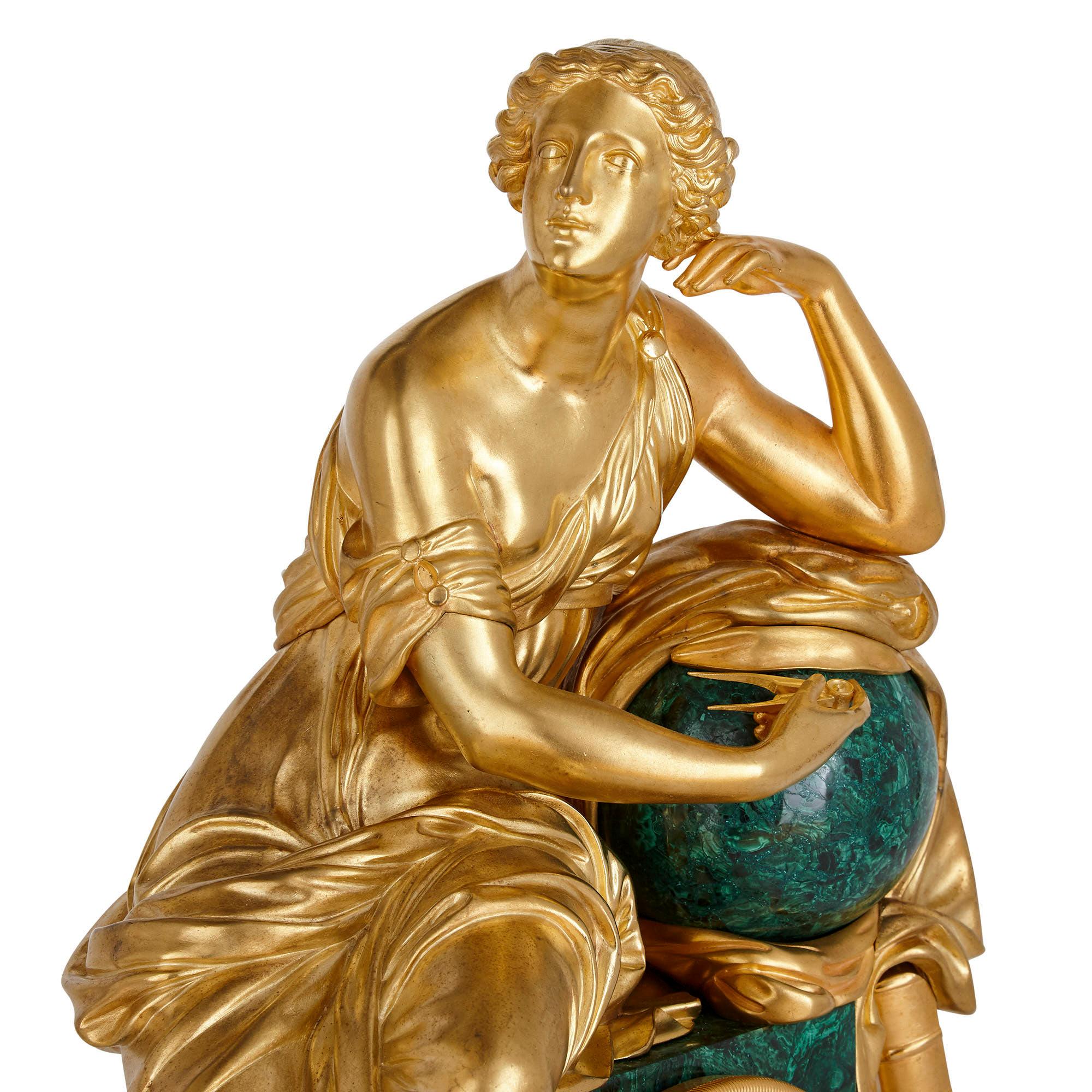 French Charles X Malachite and Gilt Bronze Figurative Clock For Sale 1