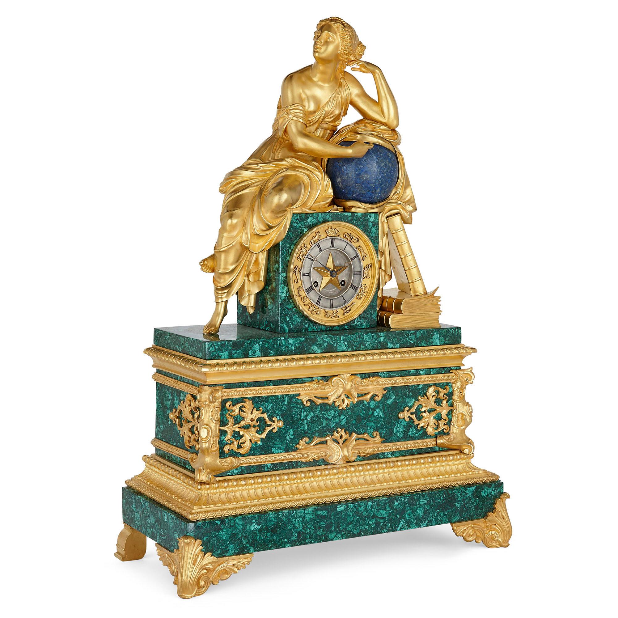 French Charles X Malachite, Lapis Lazuli, and Gilt Bronze Figurative Clock In Good Condition For Sale In London, GB