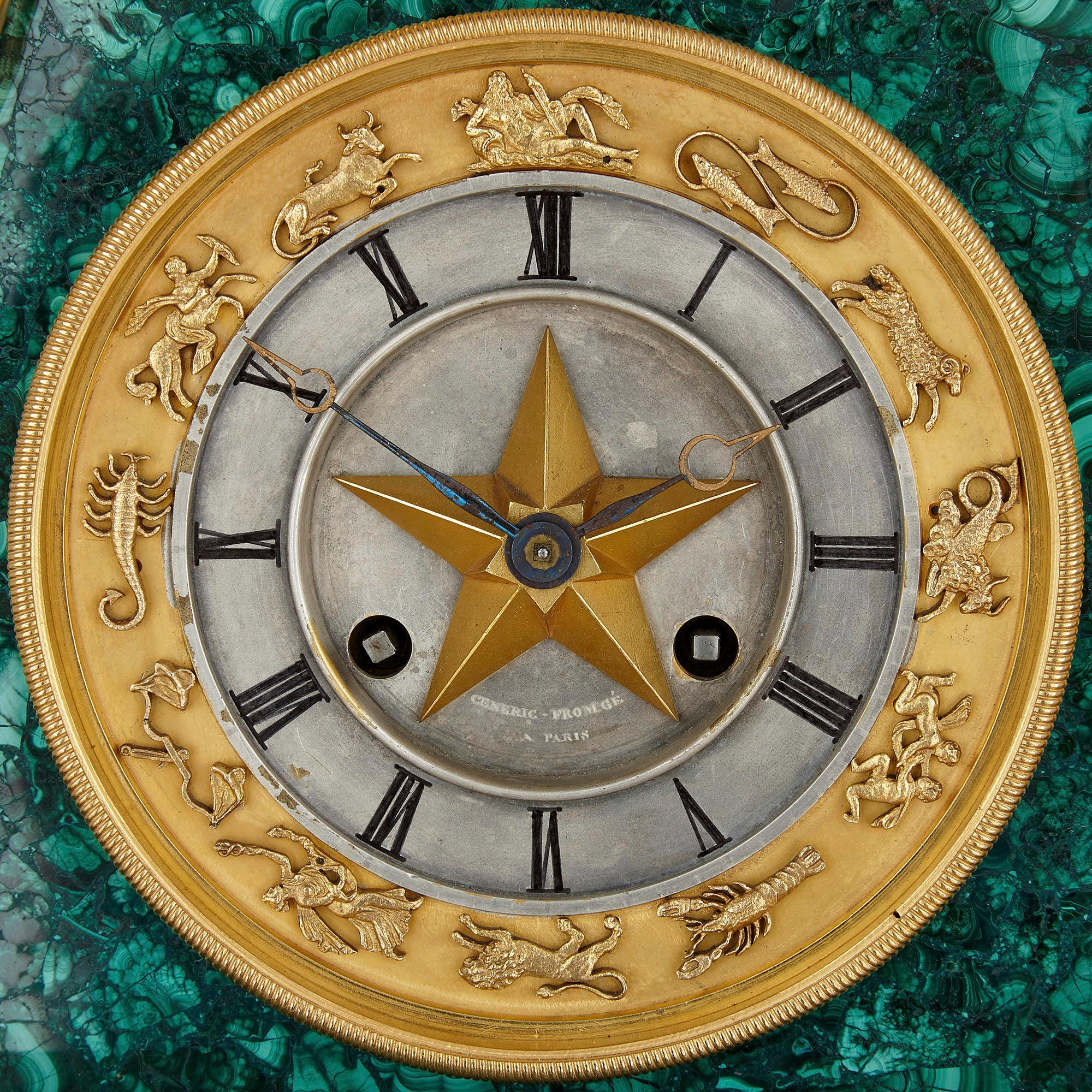 Mid-19th Century French Charles X Malachite, Lapis Lazuli, and Gilt Bronze Figurative Clock For Sale