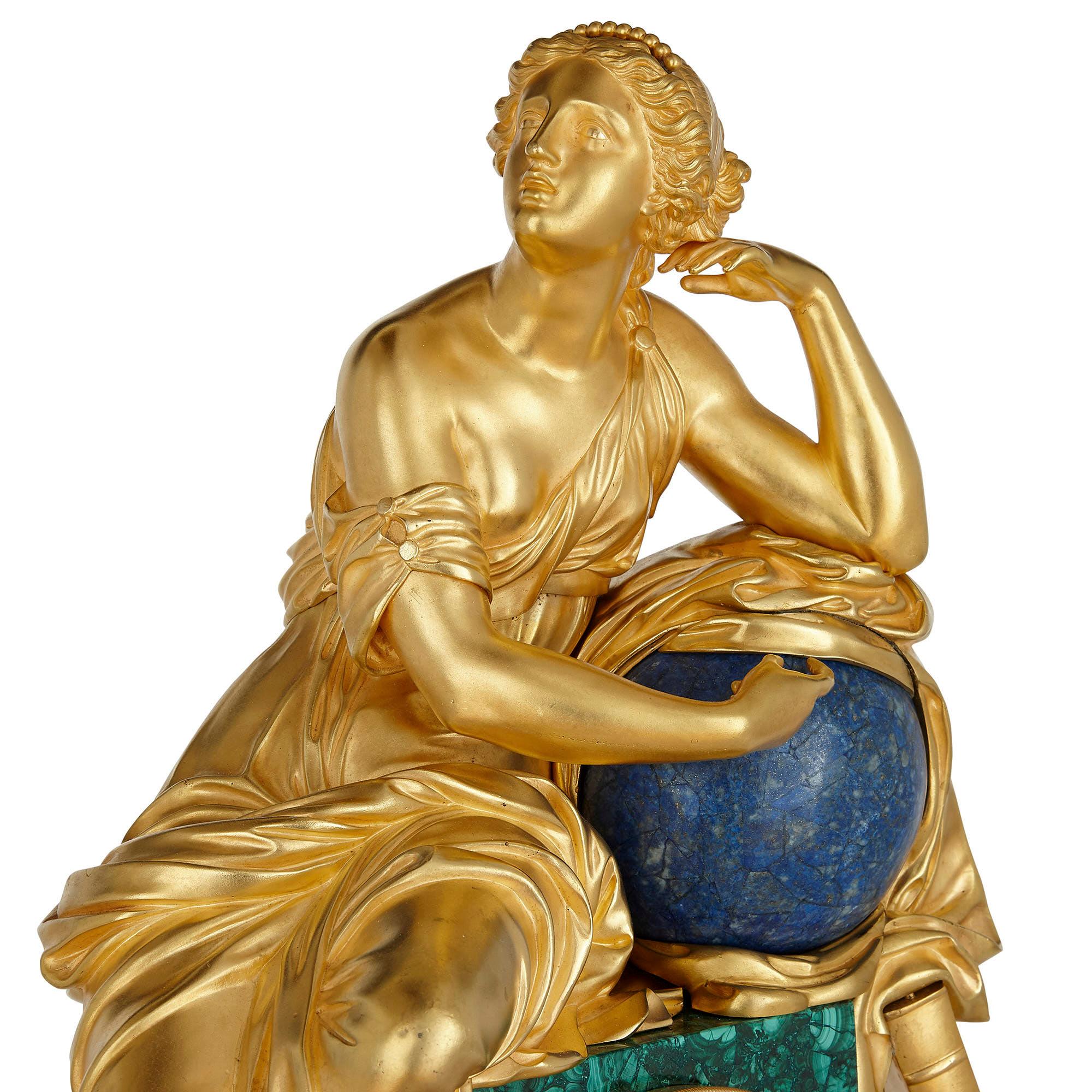 French Charles X Malachite, Lapis Lazuli, and Gilt Bronze Figurative Clock For Sale 2