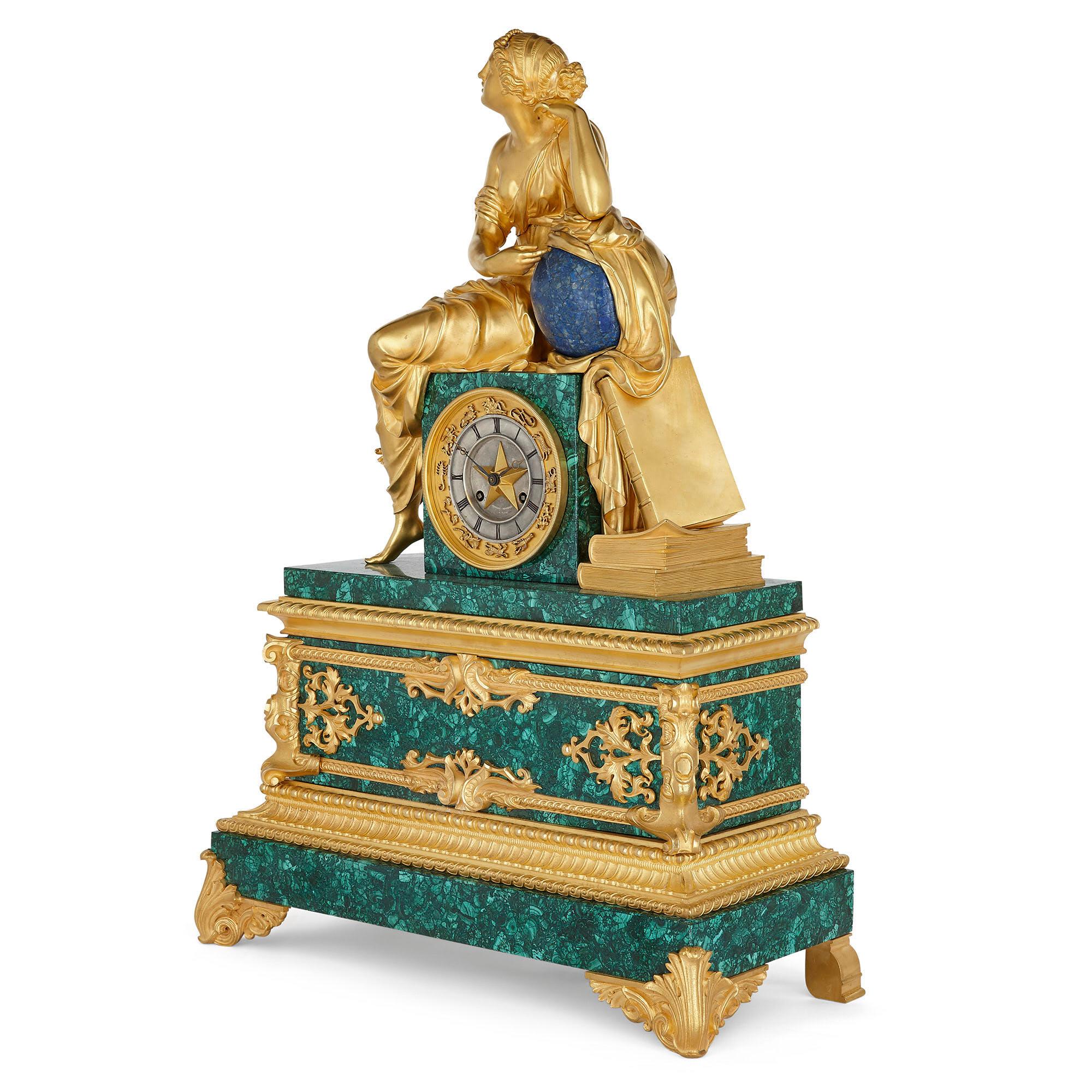 French Charles X Malachite, Lapis Lazuli, and Gilt Bronze Figurative Clock For Sale 4