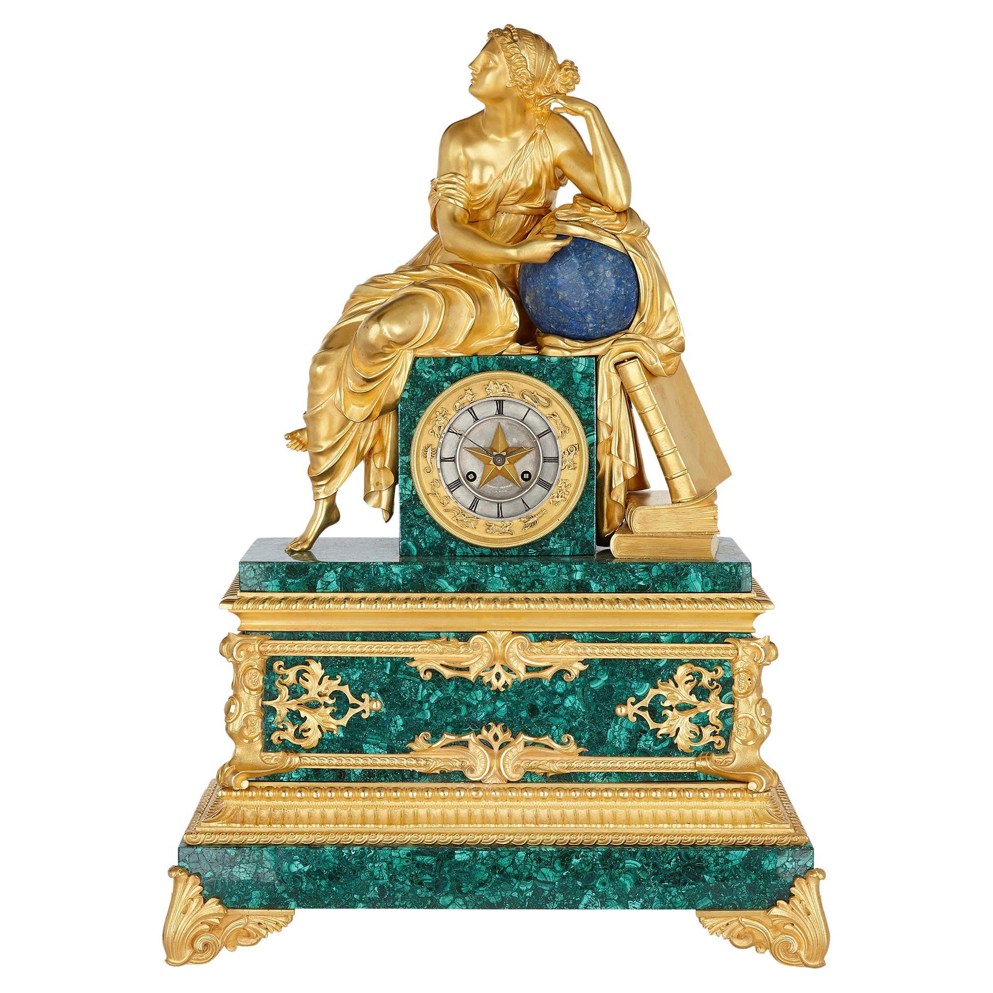 French Charles X Malachite, Lapis Lazuli, and Gilt Bronze Figurative Clock For Sale