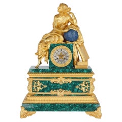 French Charles X Malachite, Lapis Lazuli, and Gilt Bronze Figurative Clock