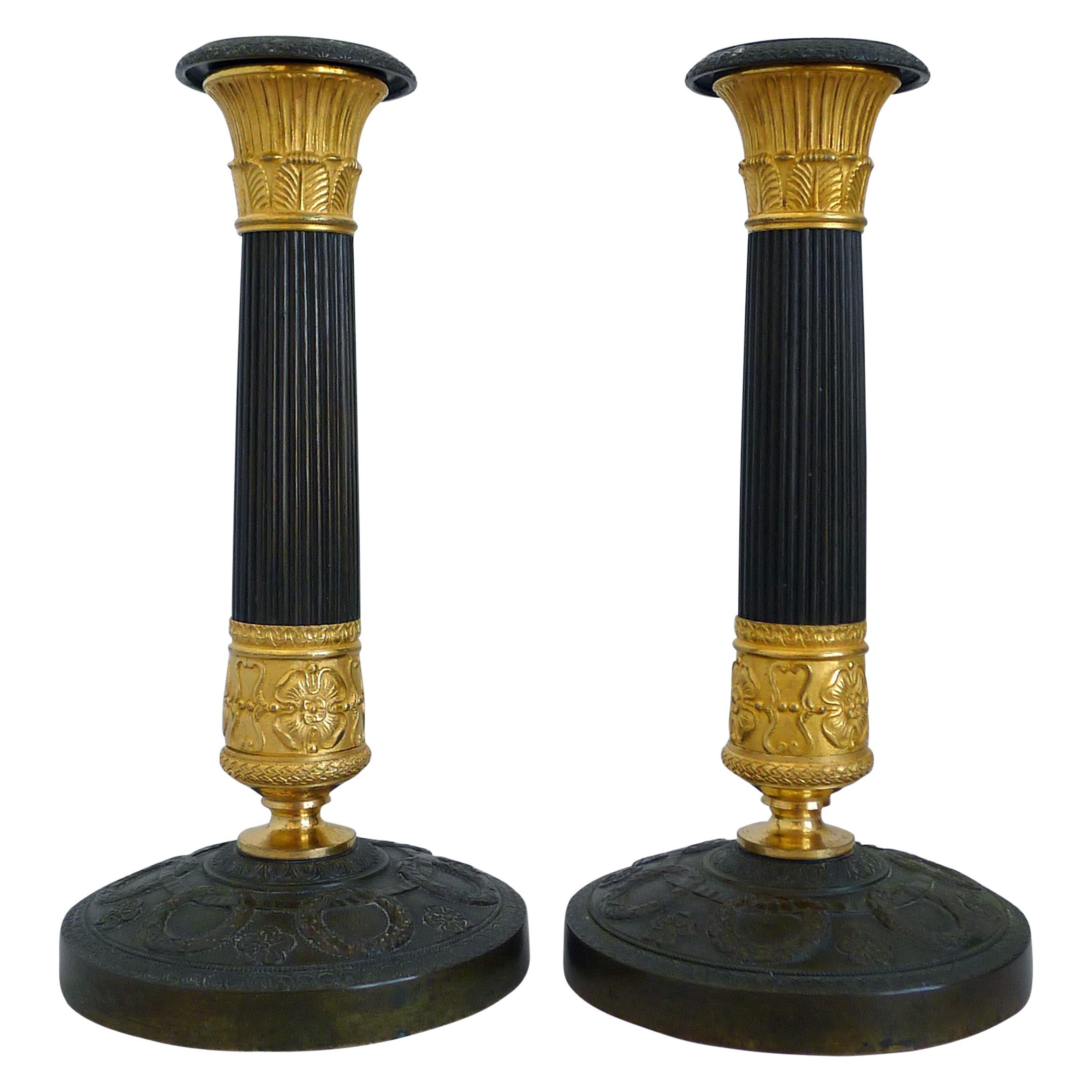 French Charles X Ormolu and Patinated Bronze Candlesticks