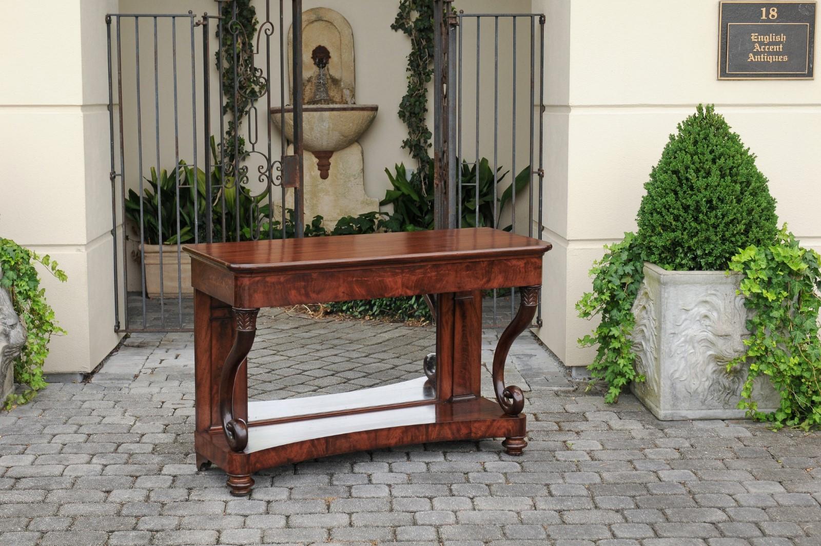 Carved French Charles X Period 1830s Mahogany Console Table with Cornucopia Legs For Sale