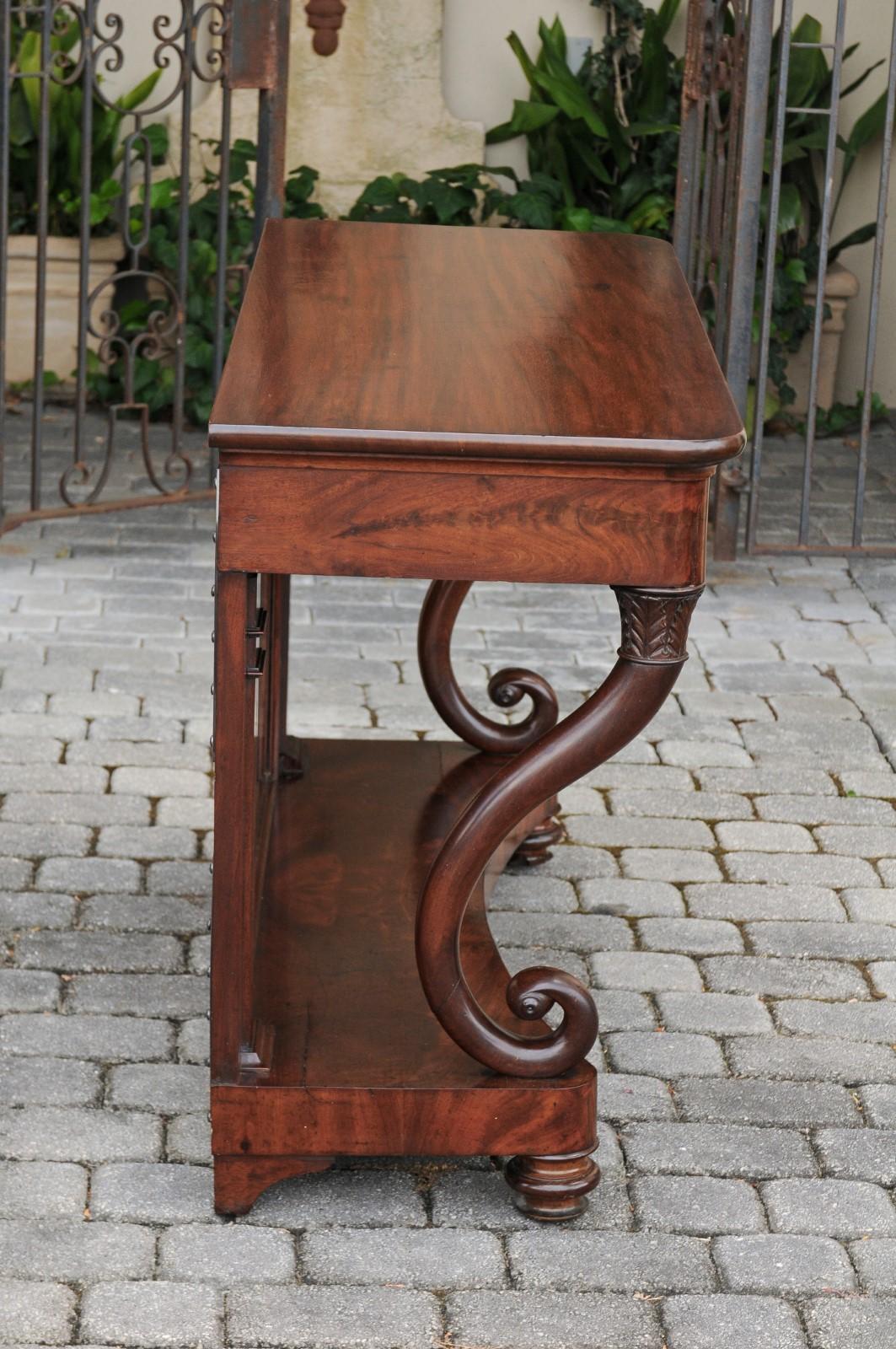 19th Century French Charles X Period 1830s Mahogany Console Table with Cornucopia Legs For Sale