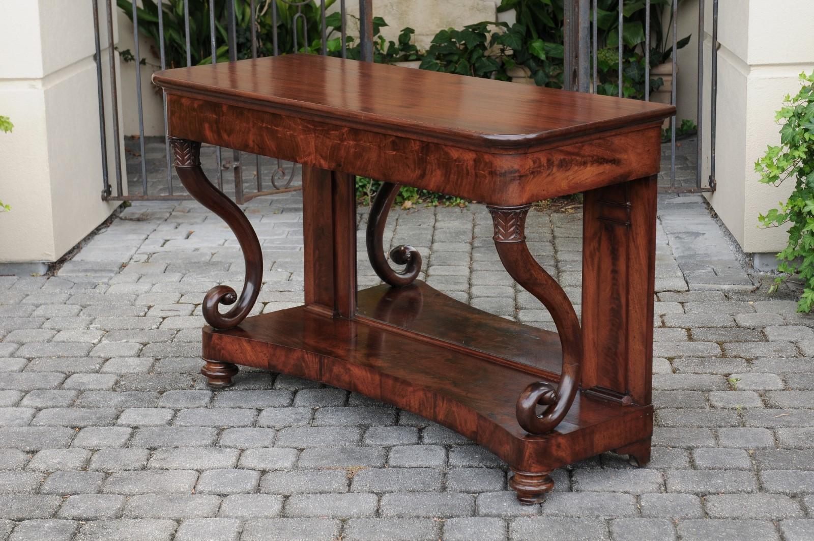 French Charles X Period 1830s Mahogany Console Table with Cornucopia Legs For Sale 3