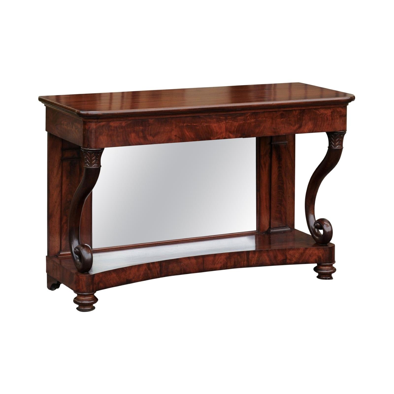 French Charles X Period 1830s Mahogany Console Table with Cornucopia Legs