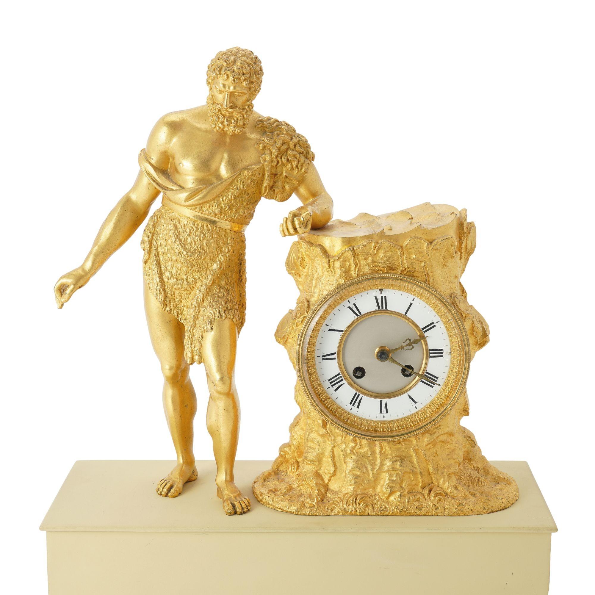 Charles X period fire gilt bronze mantel clock with a Classical figure of Paris holding an apple & leaning on a tree stump. The stump is fitted with a Paris style, two train, hour striking mechanism clock with porcelain face. The figure is mounted