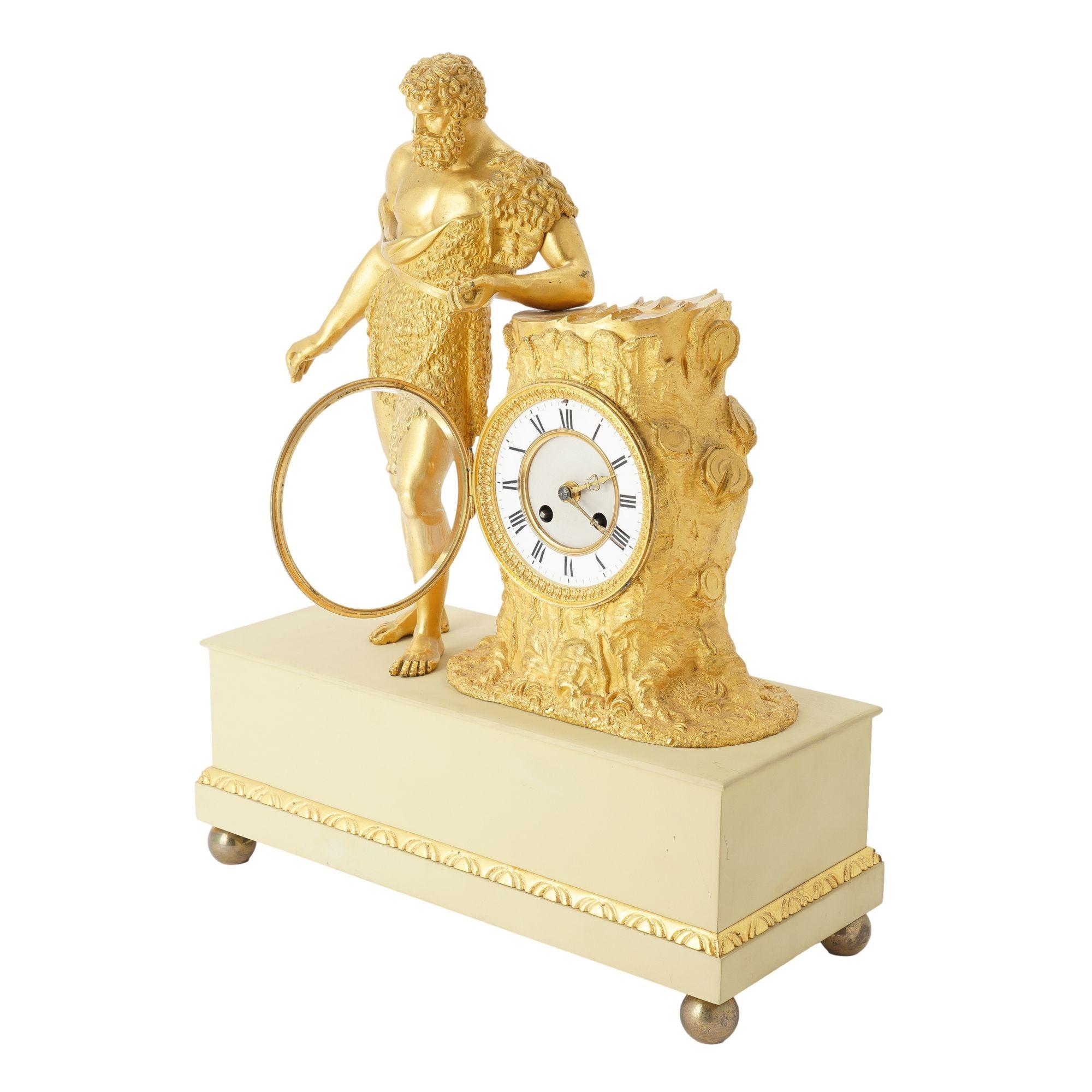 Bronze French Charles X period fire gilt bronze mantel clock, c. 1820-30 For Sale