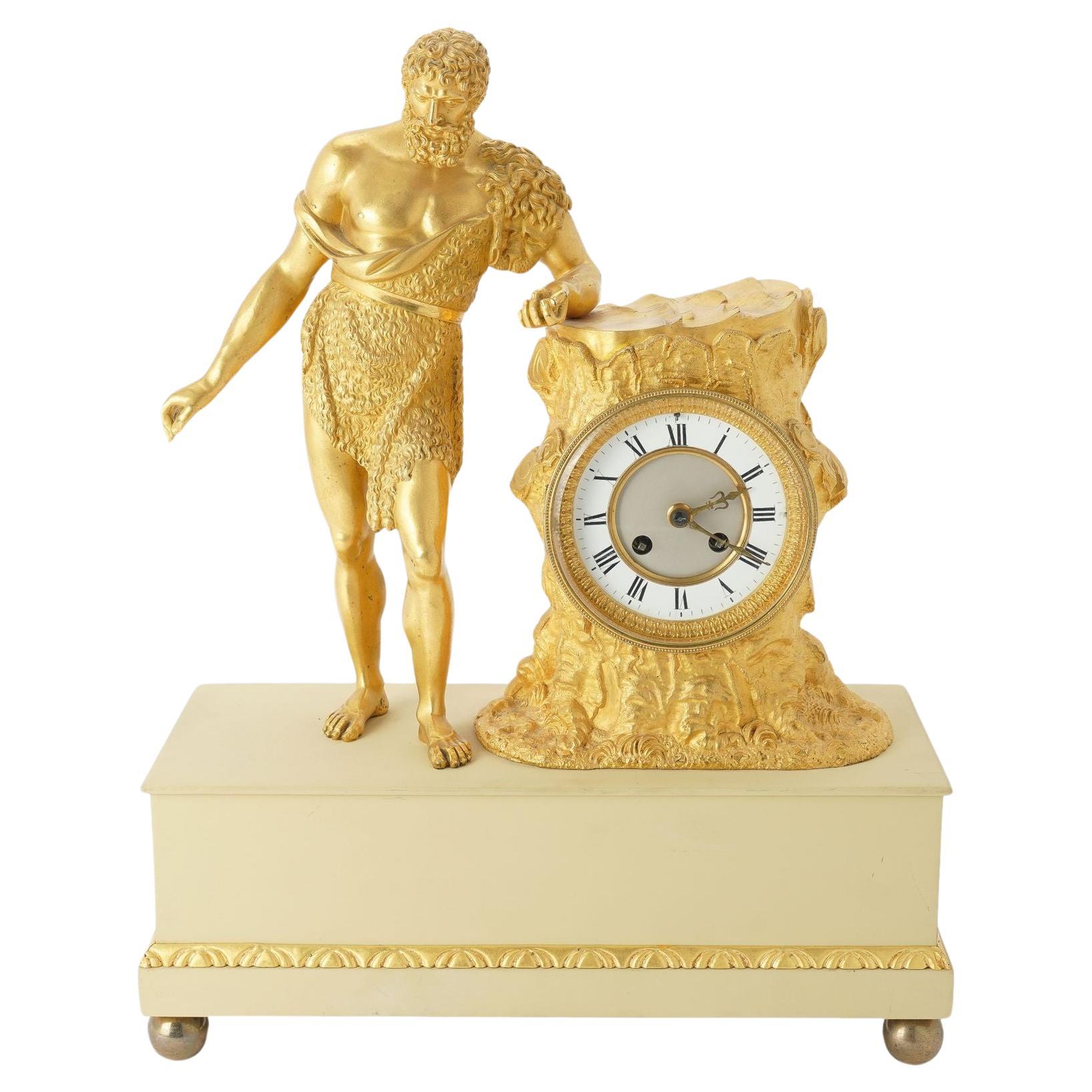 French Charles X period fire gilt bronze mantel clock, c. 1820-30 For Sale