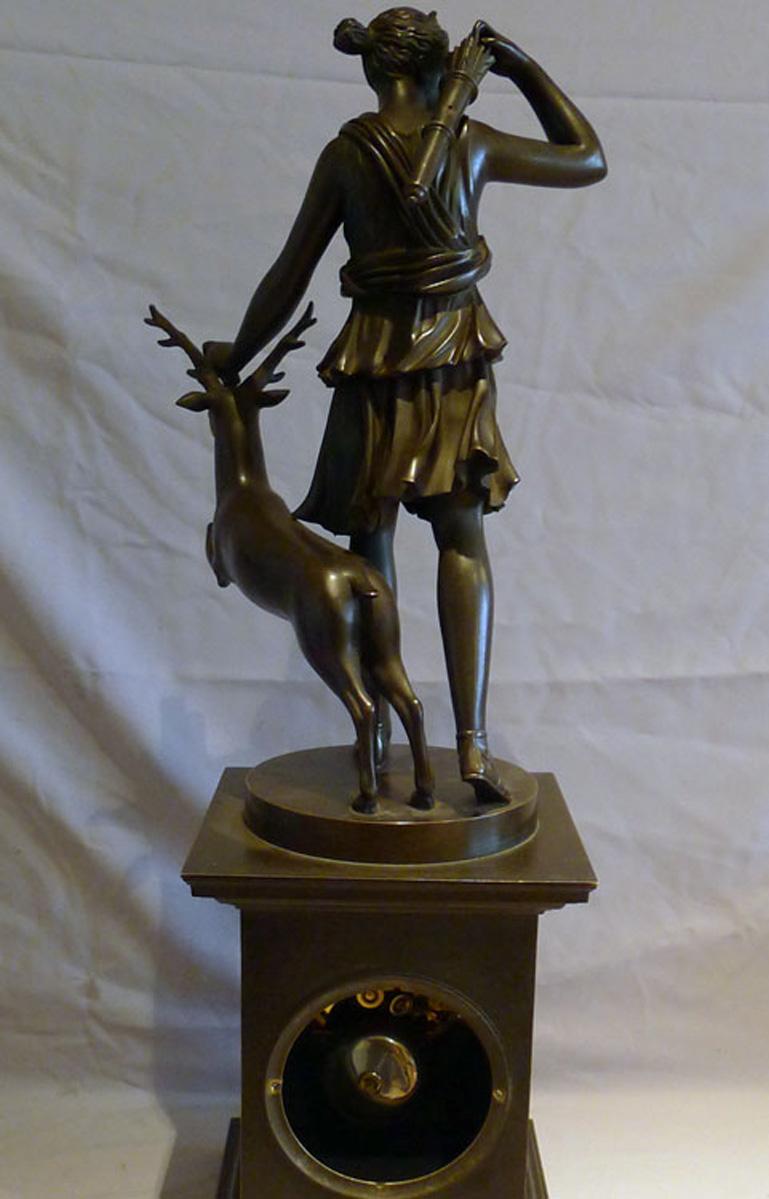 French Charles X Period Patinated Bronze Mantel Clock with Bronze of Diana In Good Condition In London, GB
