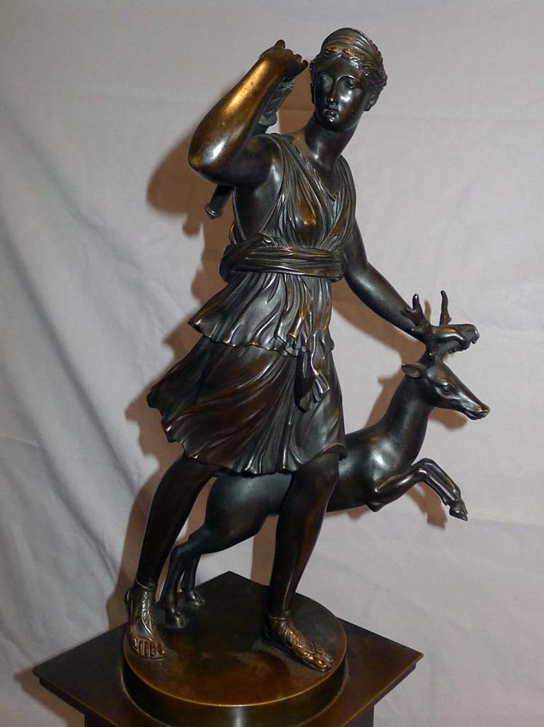 French Charles X Period Patinated Bronze Mantel Clock with Bronze of Diana 3