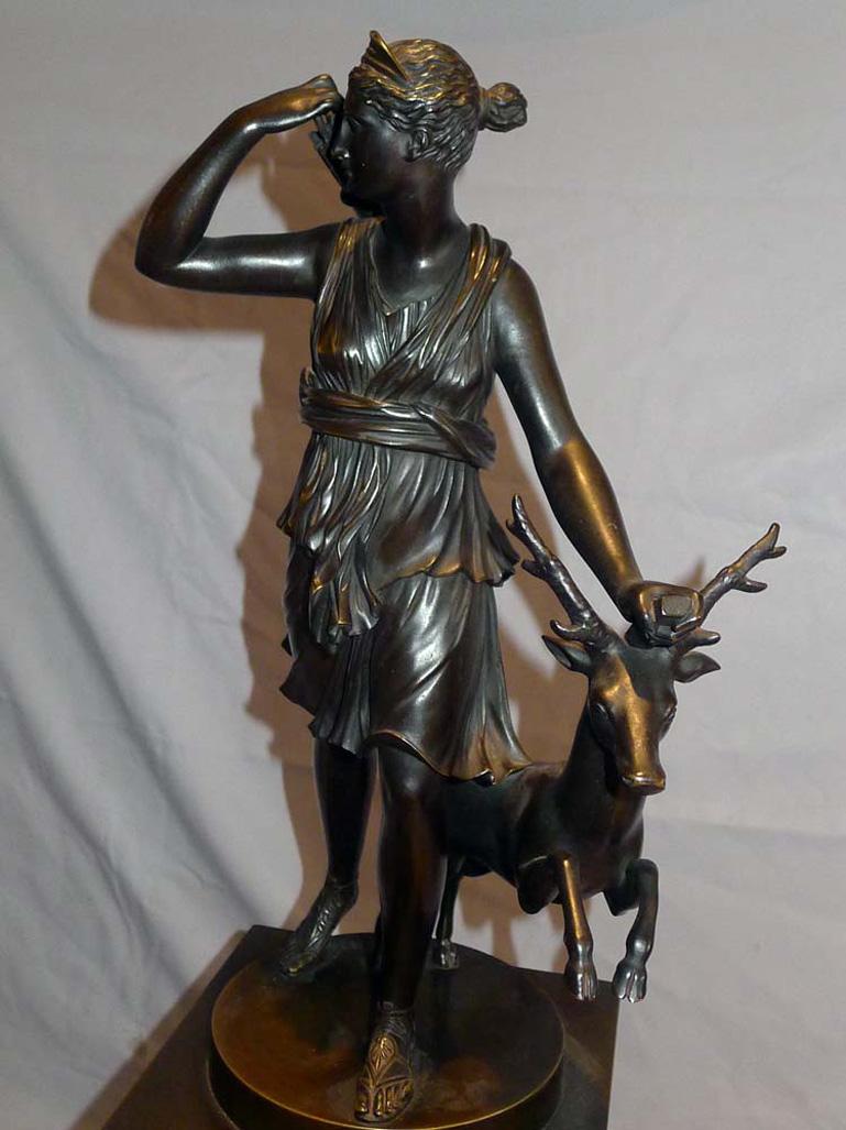 French Charles X Period Patinated Bronze Mantel Clock with Bronze of Diana 4