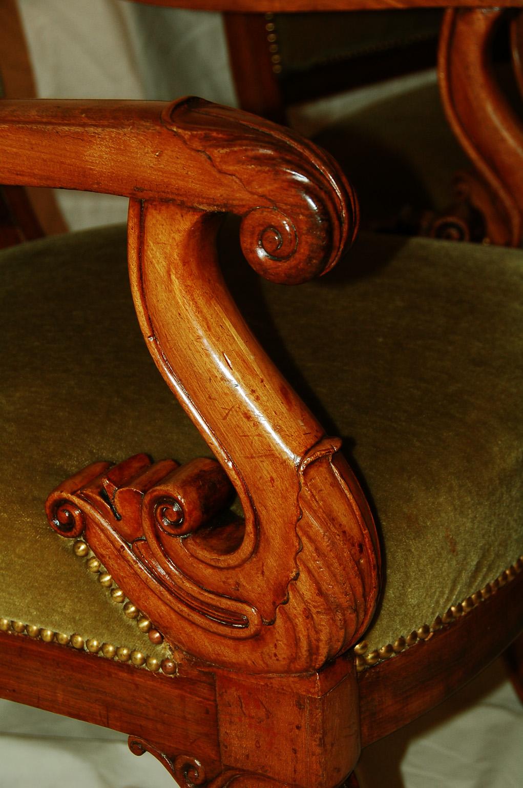 French Charles X Period Walnut Pair of Fauteuils Upholstered Armchairs Carved In Good Condition In Wells, ME