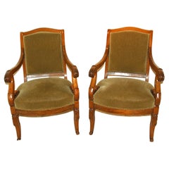 French Charles X Period Walnut Pair of Fauteuils Upholstered Armchairs Carved