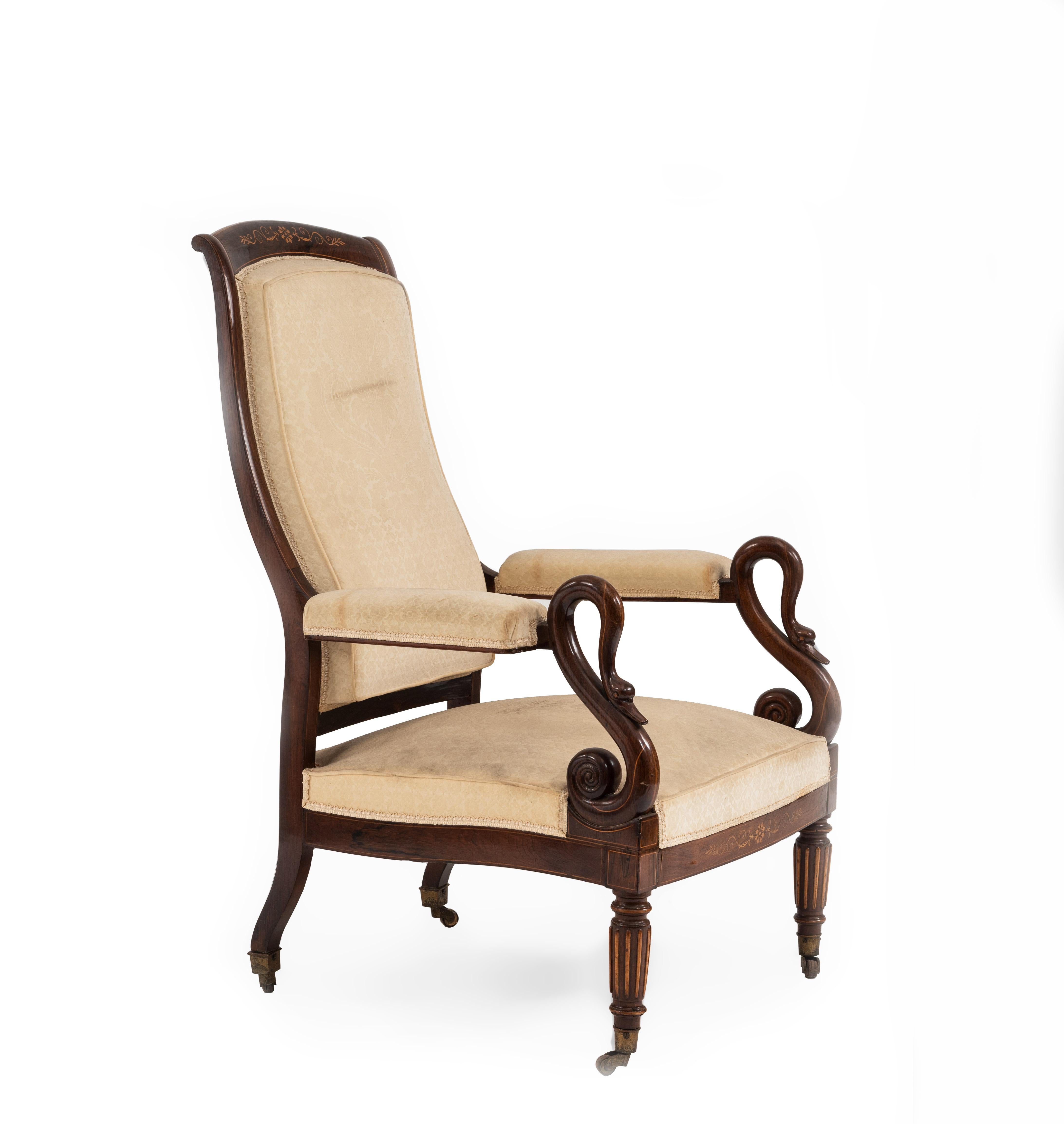 French Charles X (circa 1830) rosewood armchair with swan carved arms and inlaid design with white cut velvet upholstered seat, back and arm rests.

