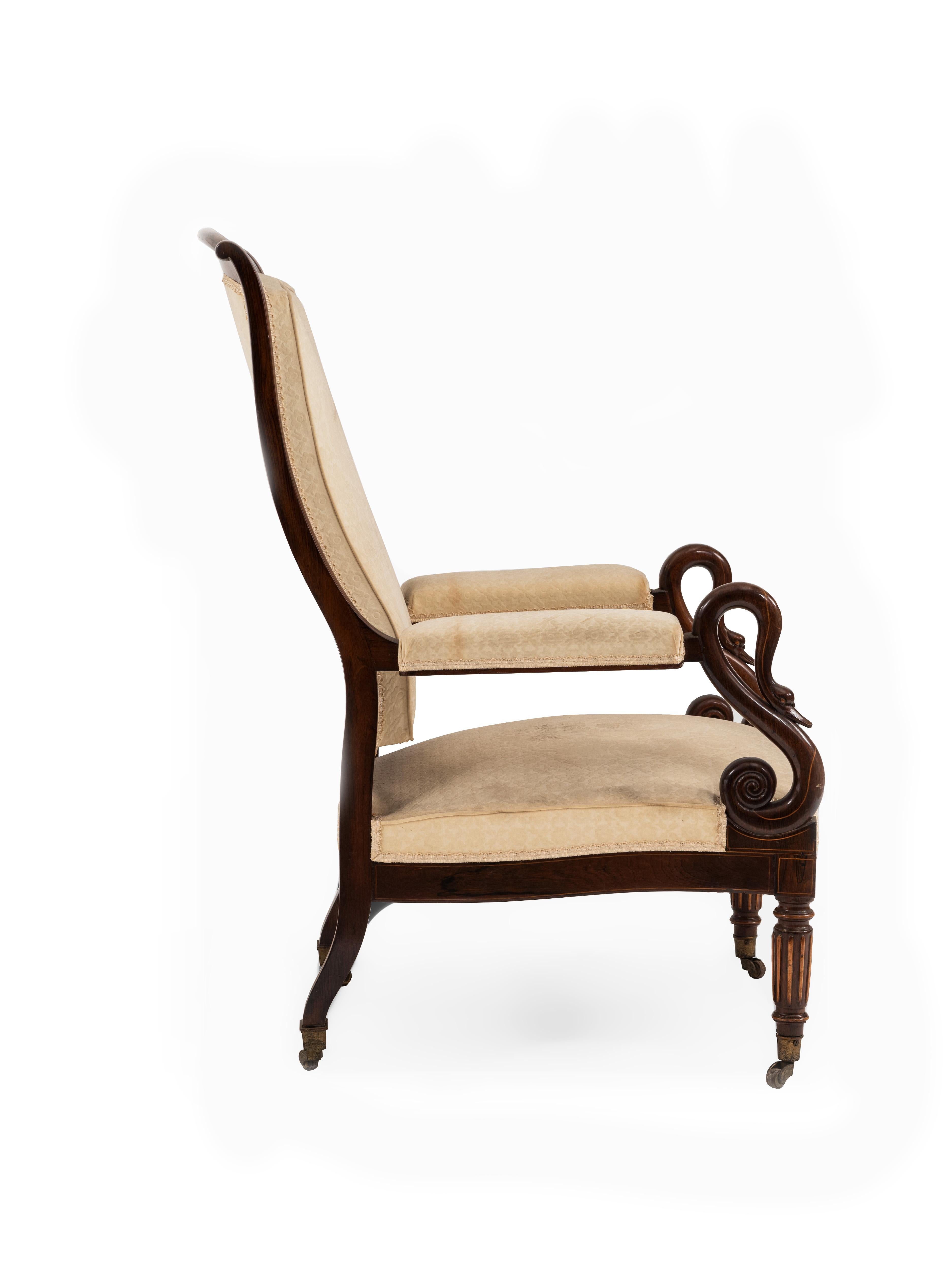 French Charles X Rosewood and White Velvet Swan Armchair In Good Condition For Sale In New York, NY