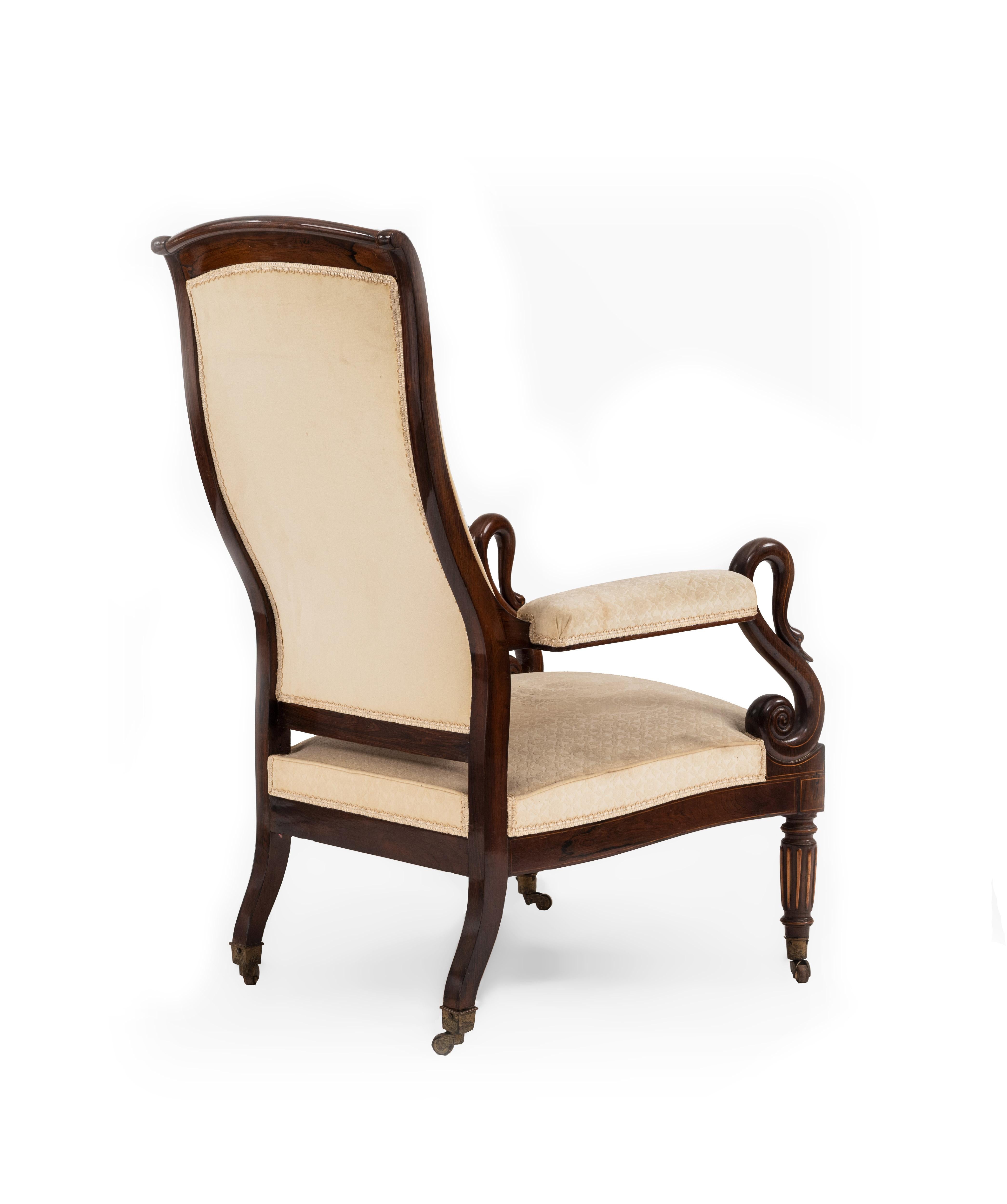 19th Century French Charles X Rosewood and White Velvet Swan Armchair For Sale