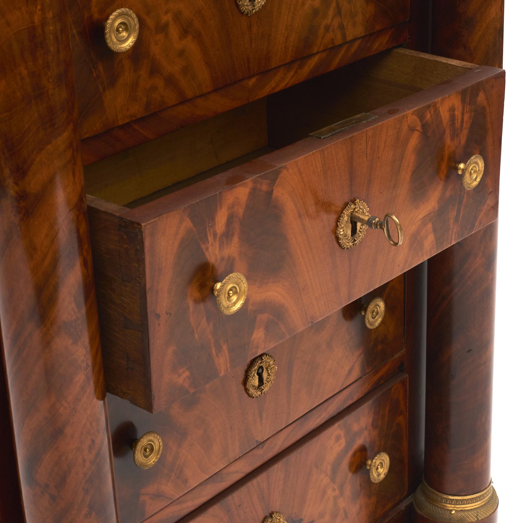 French Charles X Mahogany & Gilded Bronzes Tall Chest of Drawers. Marble top For Sale 8