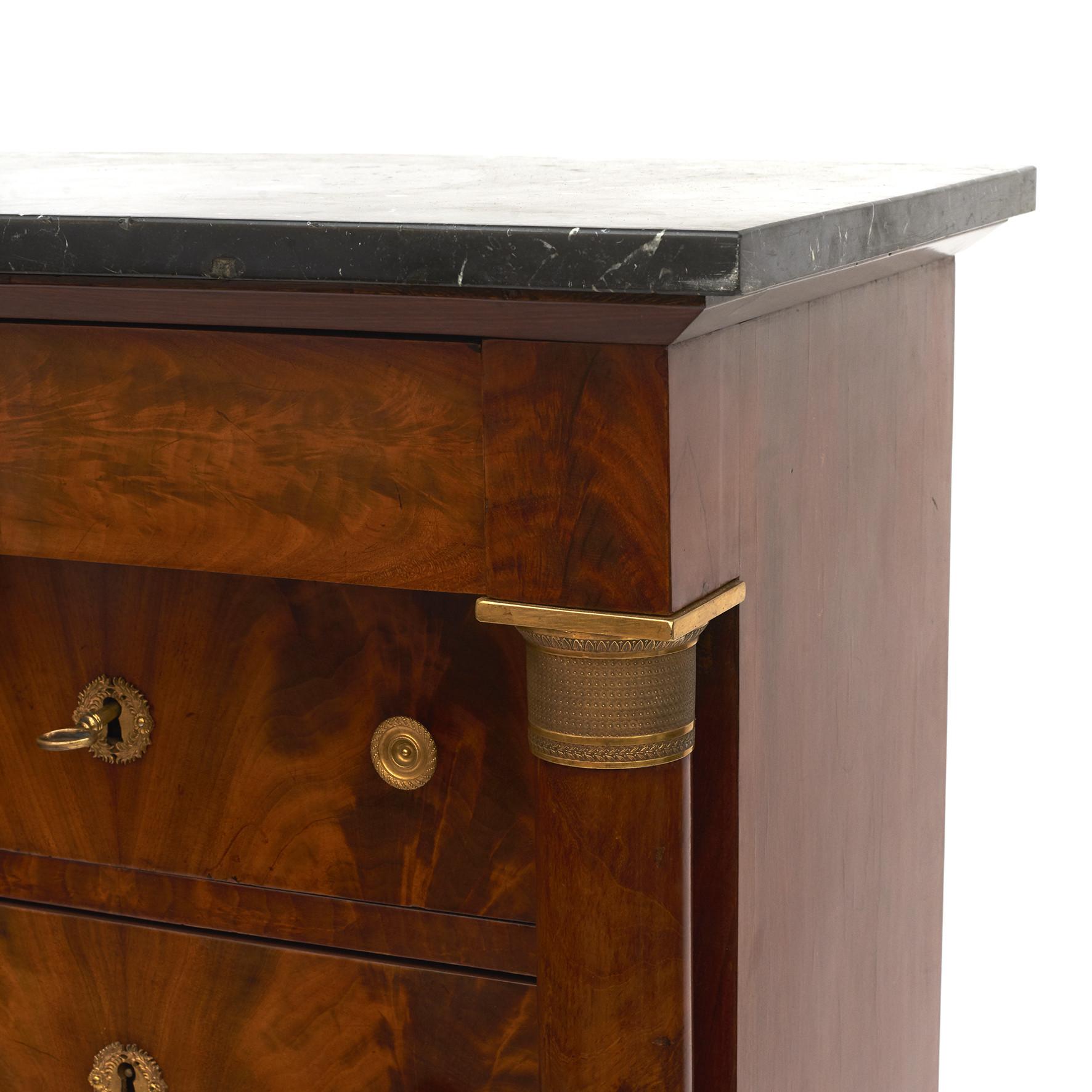 Gilt French Charles X Mahogany & Gilded Bronzes Tall Chest of Drawers. Marble top For Sale