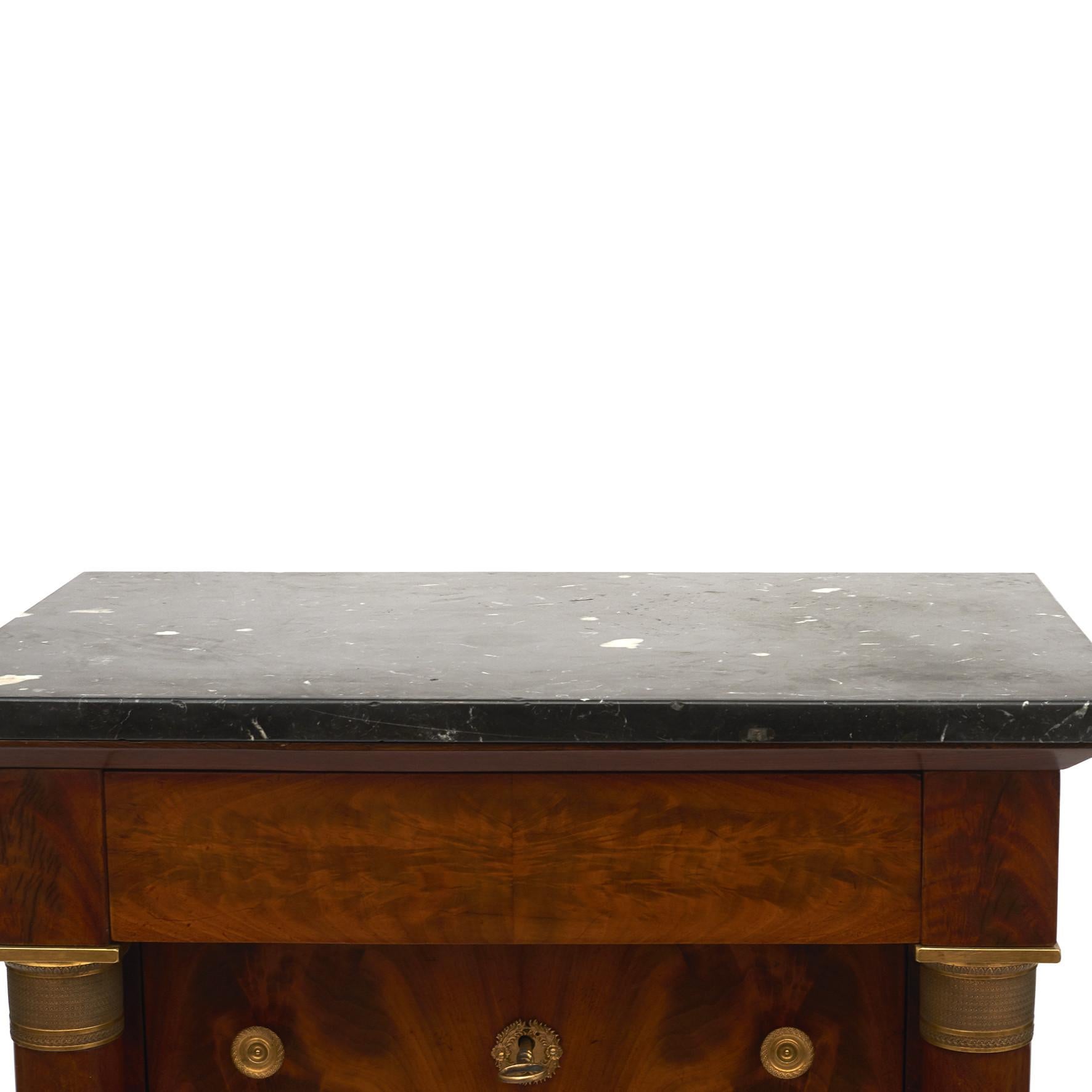 French Charles X Mahogany & Gilded Bronzes Tall Chest of Drawers. Marble top In Good Condition For Sale In Kastrup, DK