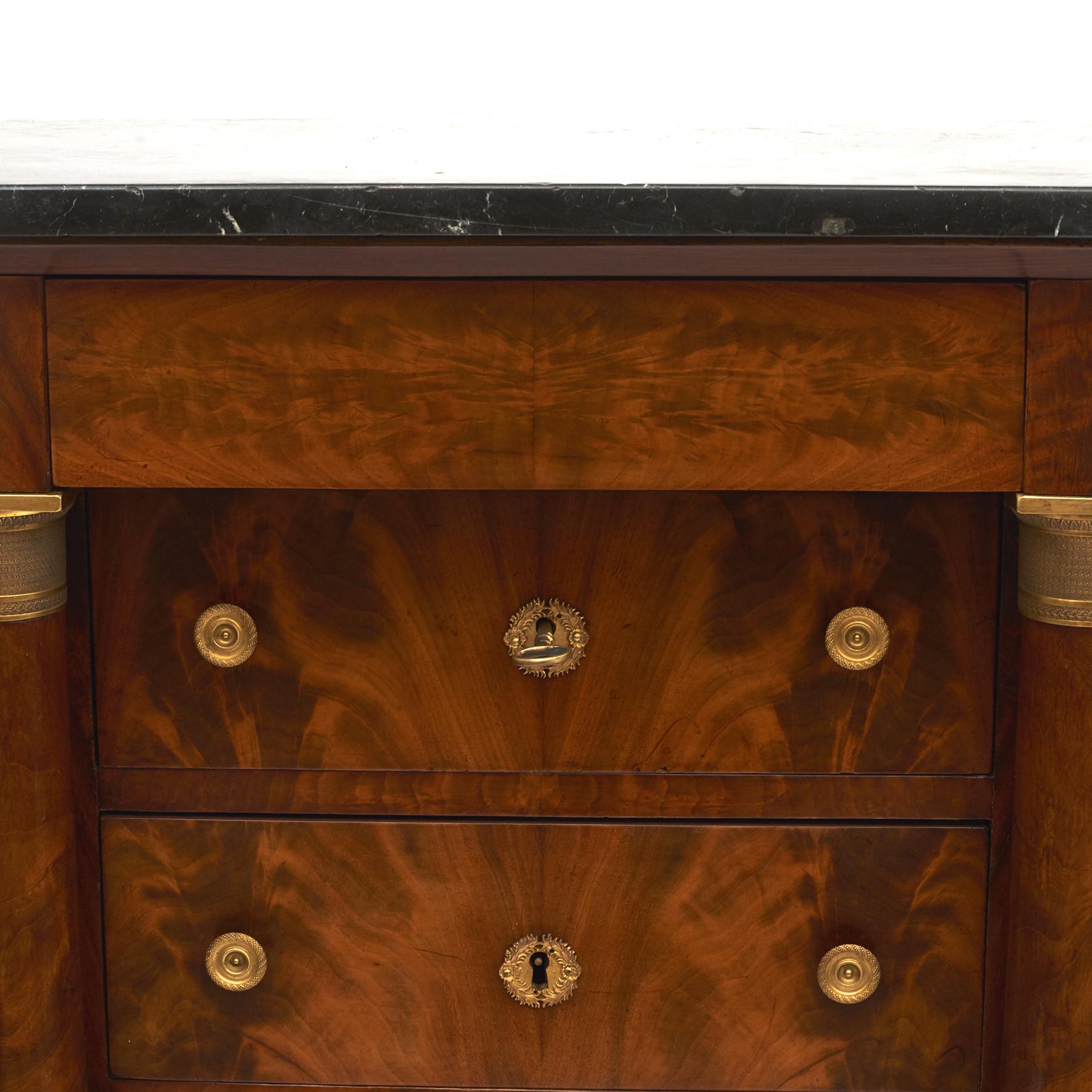 19th Century French Charles X Mahogany & Gilded Bronzes Tall Chest of Drawers. Marble top For Sale