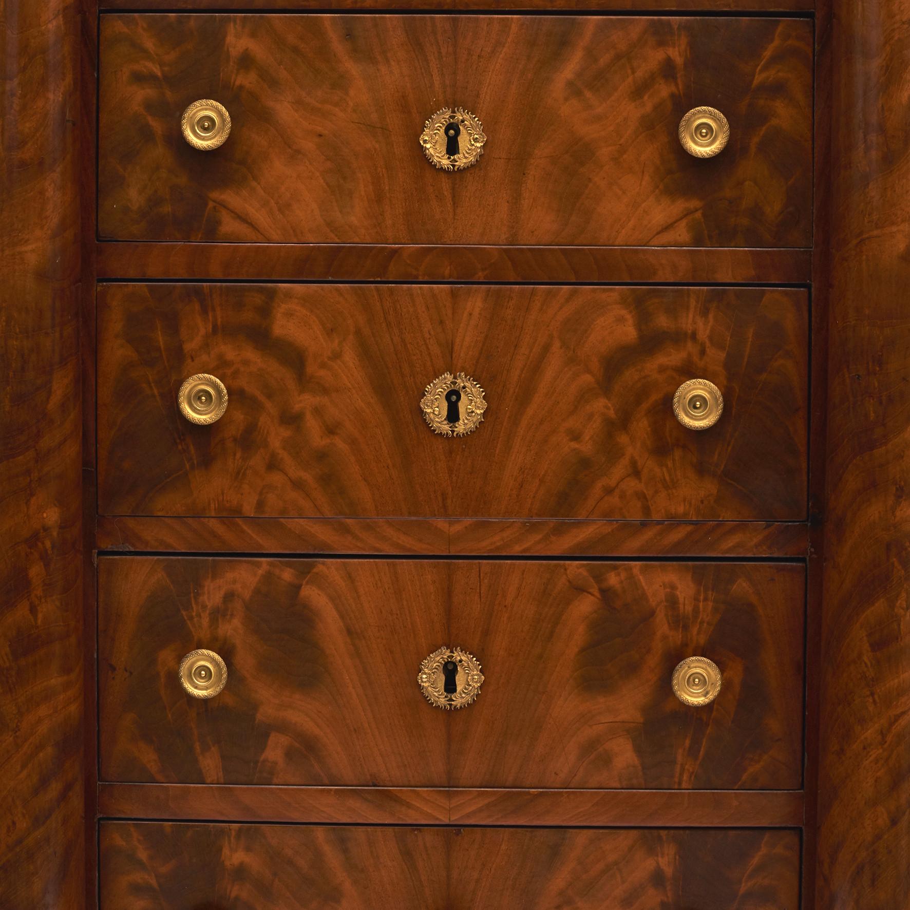 French Charles X Mahogany & Gilded Bronzes Tall Chest of Drawers. Marble top For Sale 1