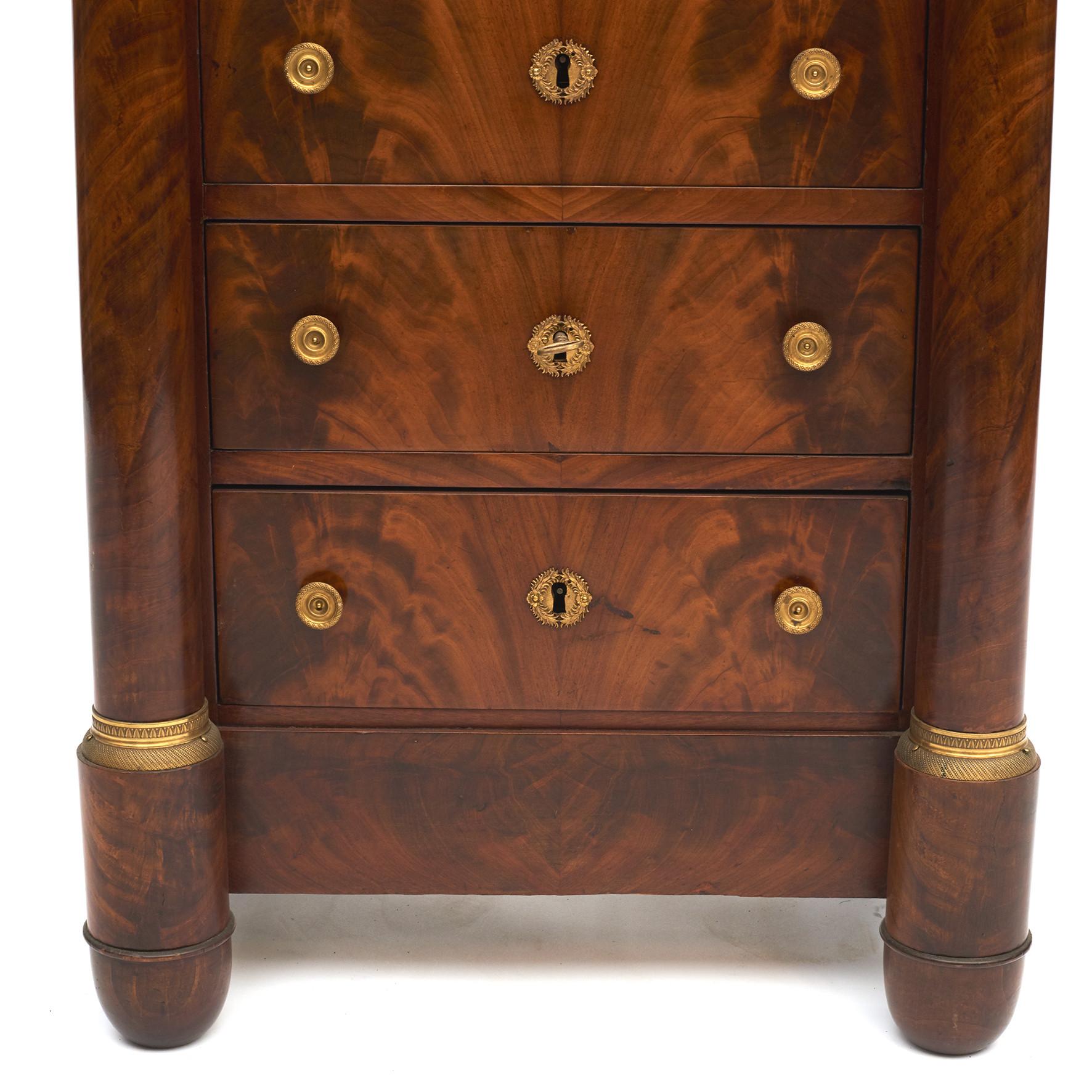 French Charles X Mahogany & Gilded Bronzes Tall Chest of Drawers. Marble top For Sale 2