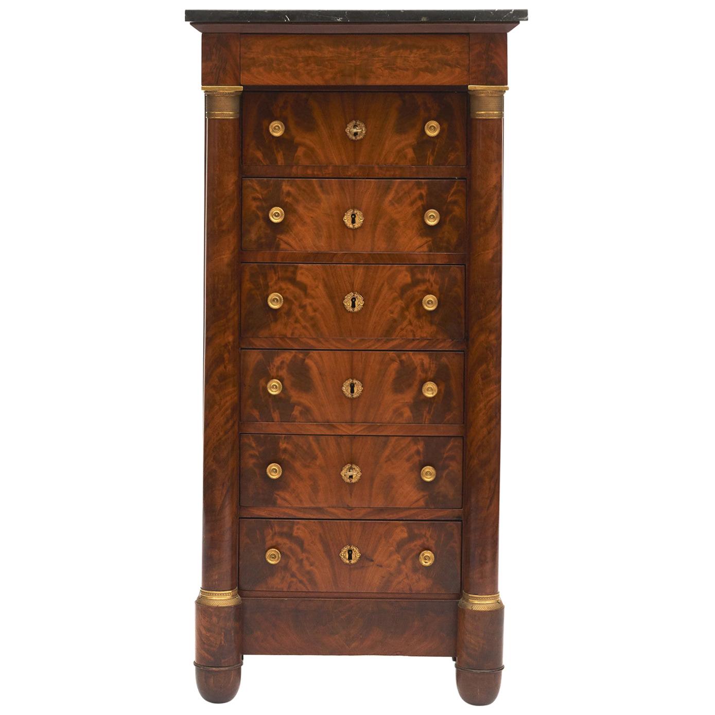French Charles X Mahogany & Gilded Bronzes Tall Chest of Drawers. Marble top For Sale