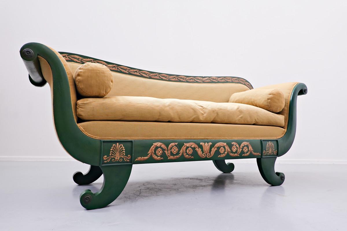 French Charles X Sofa, Green and Gold Lacquered Wood 6