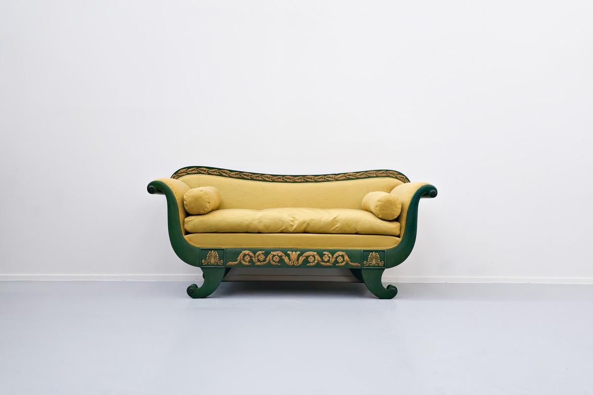 French Charles X Sofa, Green and Gold Lacquered Wood 1