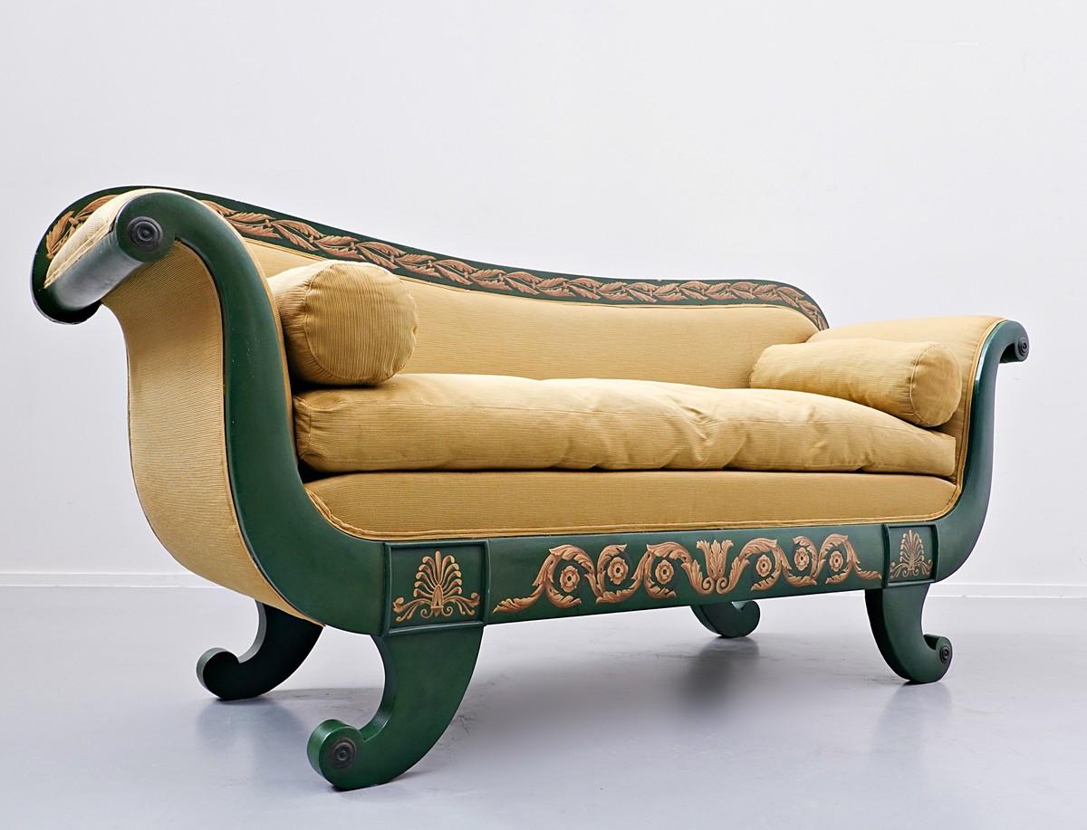 French Charles X Sofa, Green and Gold Lacquered Wood 2
