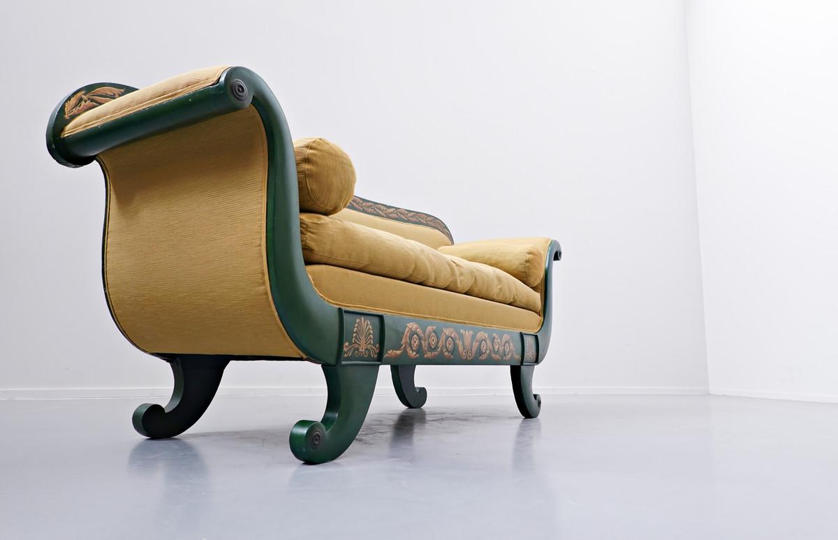 French Charles X Sofa, Green and Gold Lacquered Wood 3