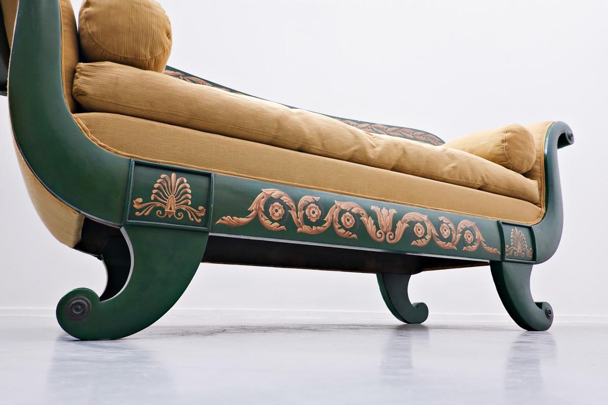 French Charles X Sofa, Green and Gold Lacquered Wood 5