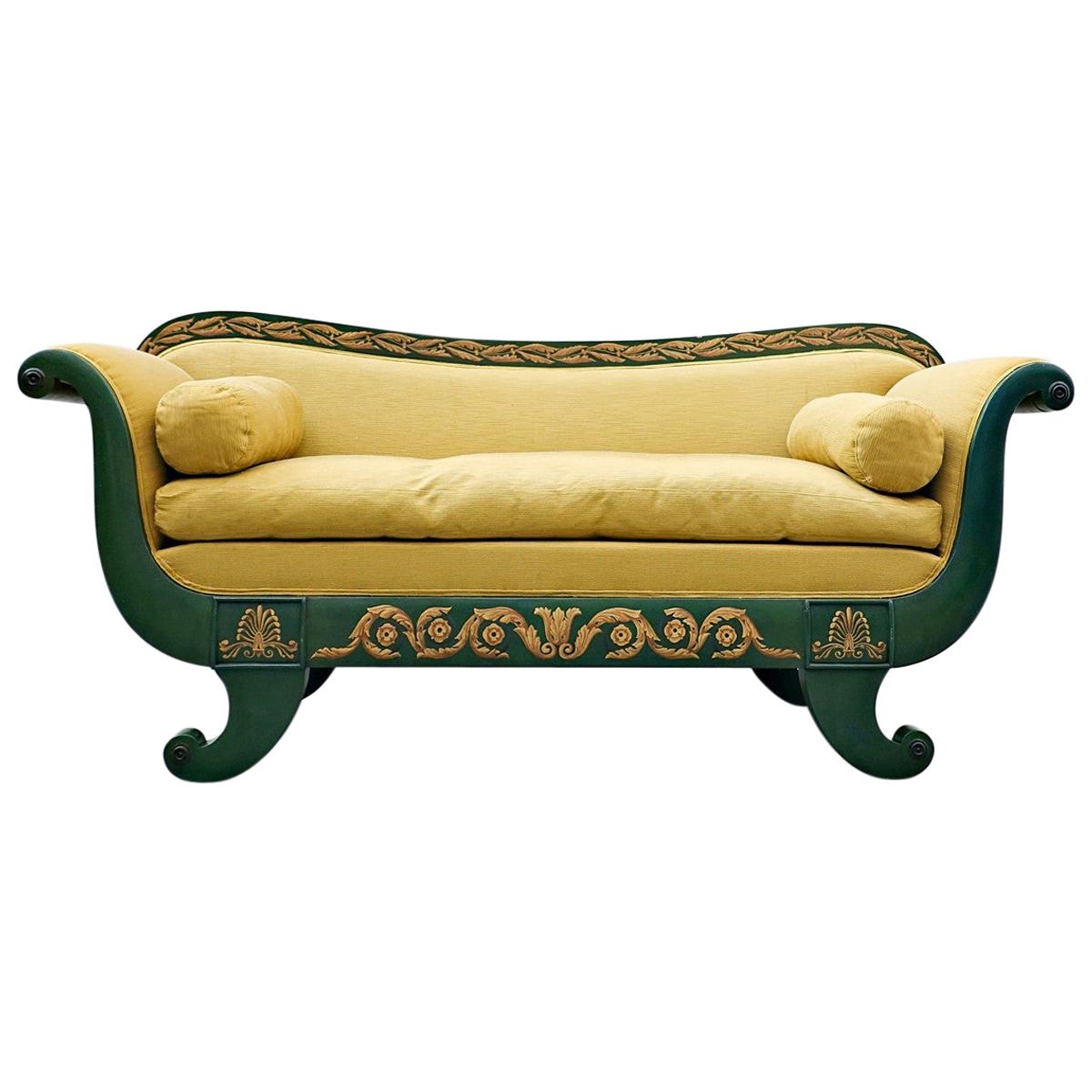French Charles X Sofa, Green and Gold Lacquered Wood