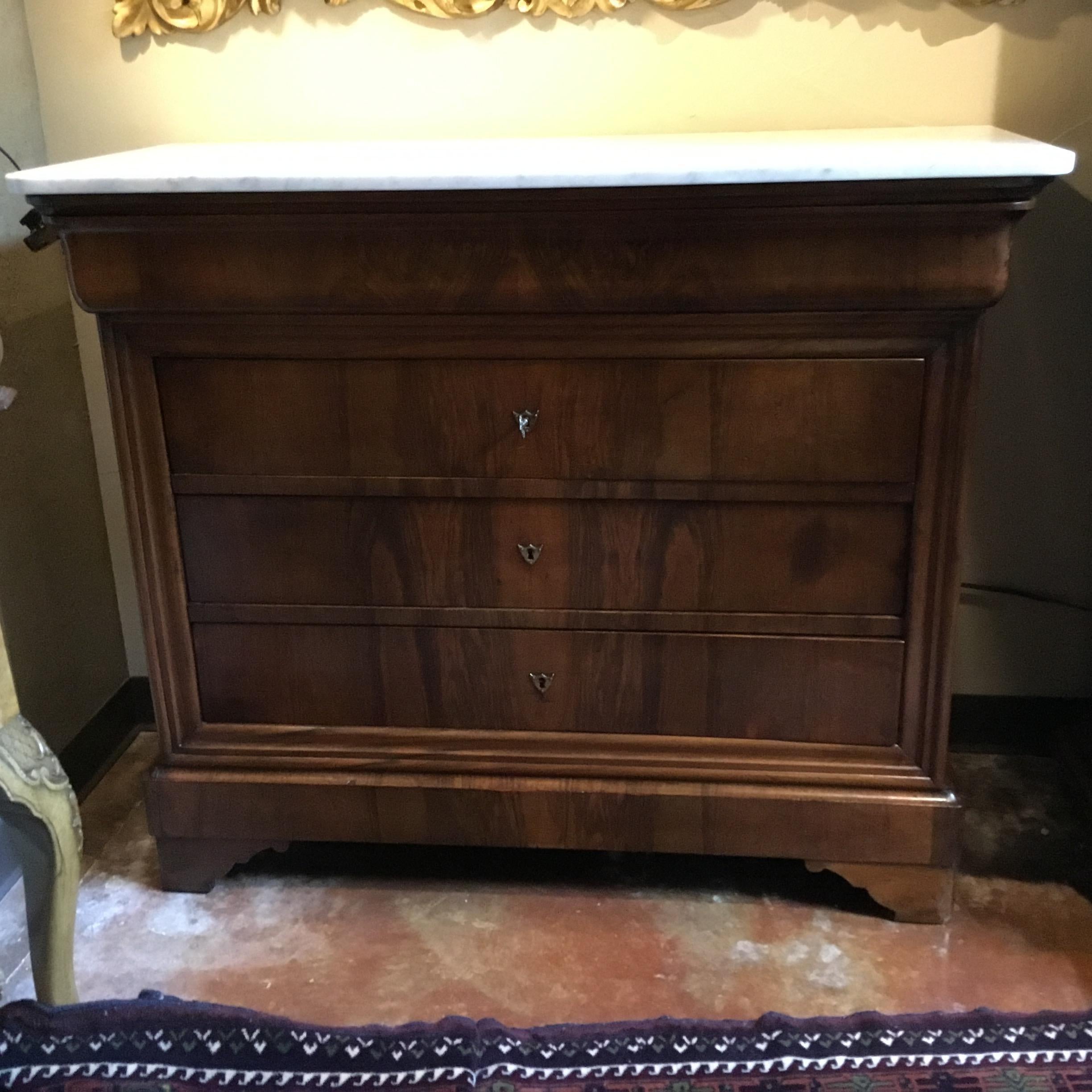 Marble French Charles X-Style Chest or Commode with Four Drawers, Walnut, 19th Century For Sale